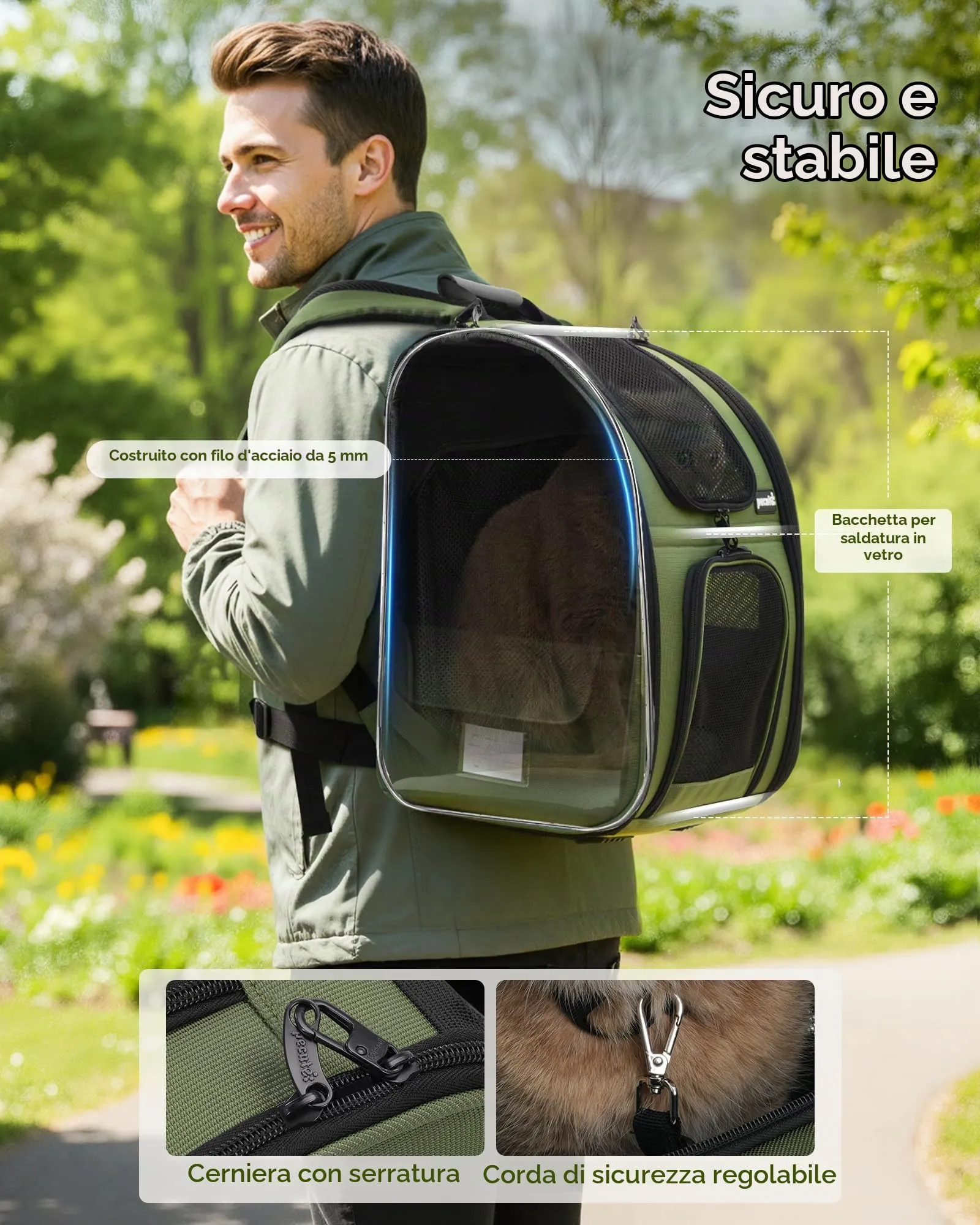 Pecute Zaino per Cani e Gatti Estensibile, Trasportino Portatile, Verde - immagine 5