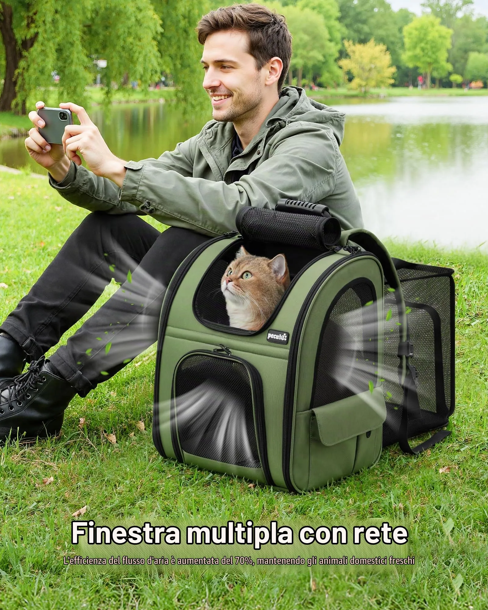 Pecute Zaino per Cani e Gatti Estensibile, Trasportino Portatile, Verde - immagine 6