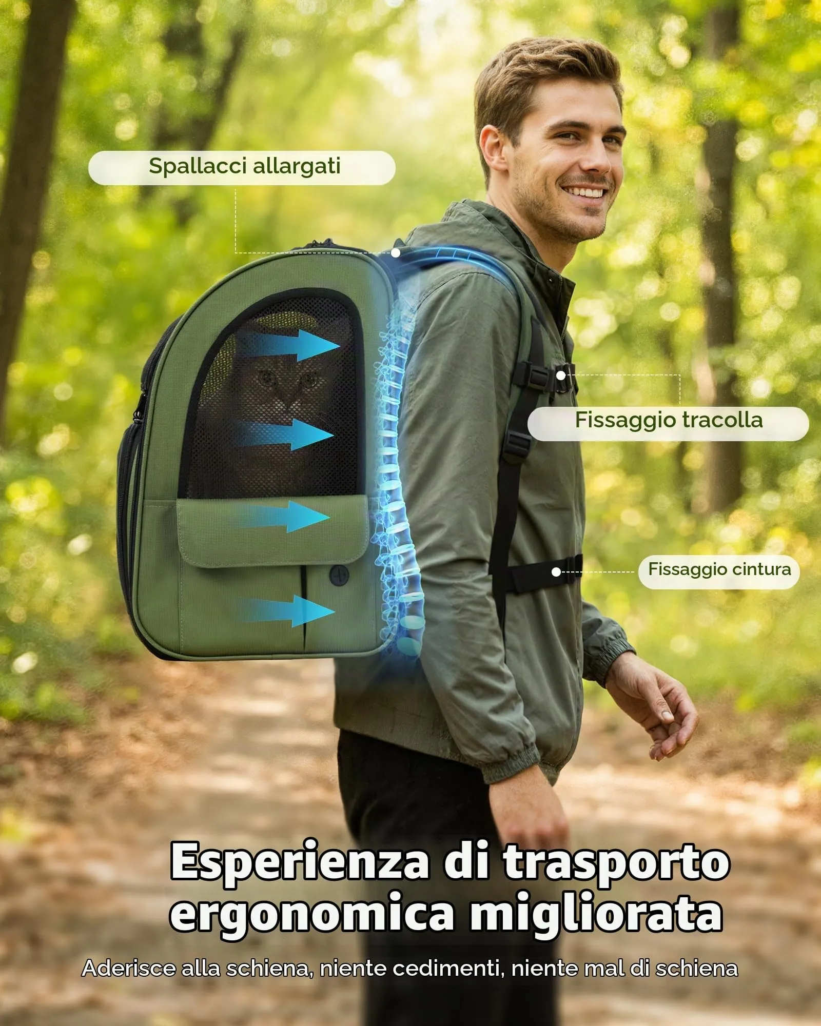 Pecute Zaino per Cani e Gatti Estensibile, Trasportino Portatile, Verde - immagine 7
