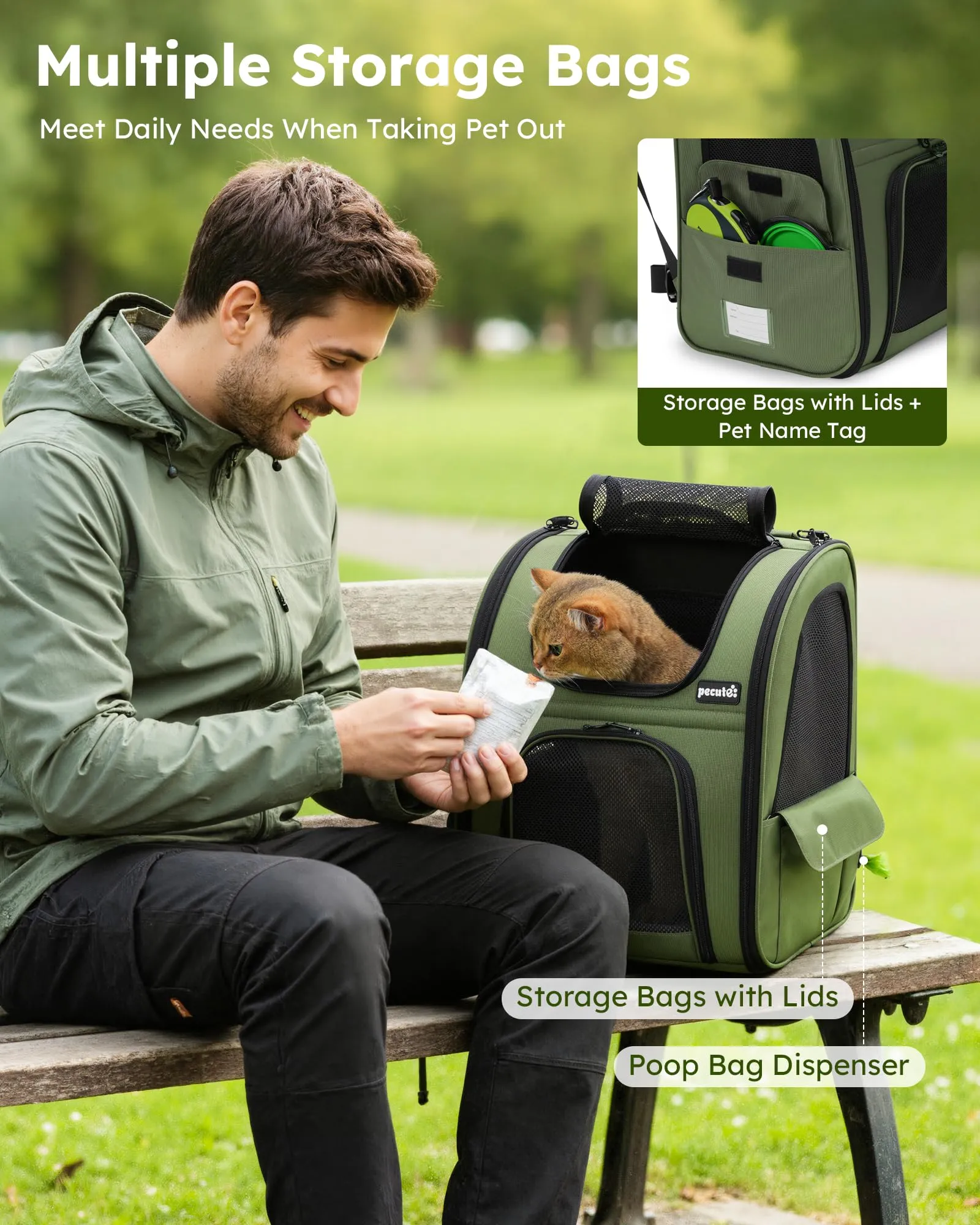 Pecute Zaino per Cani e Gatti Estensibile, Trasportino Portatile, Verde - immagine 9