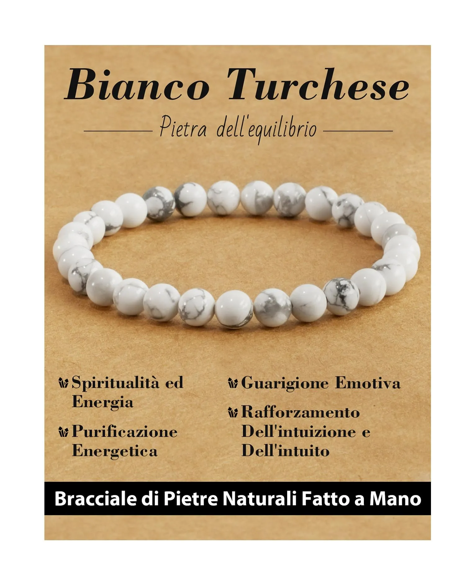 Landorilo Bracciale in Pietra Naturale 6 mm, Bianco Turchese, 19 cm - immagine 1