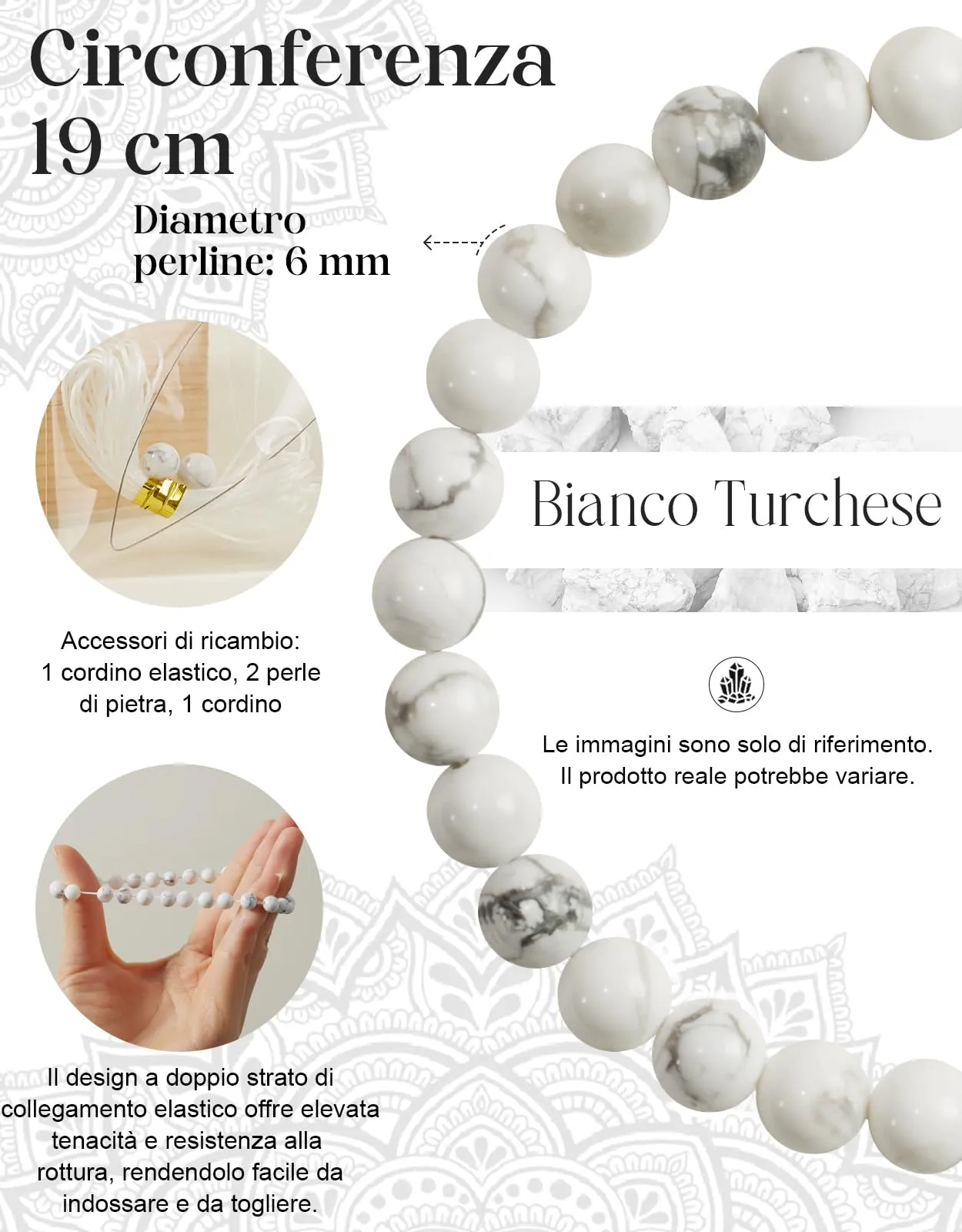 Landorilo Bracciale in Pietra Naturale 6 mm, Bianco Turchese, 19 cm - immagine 3