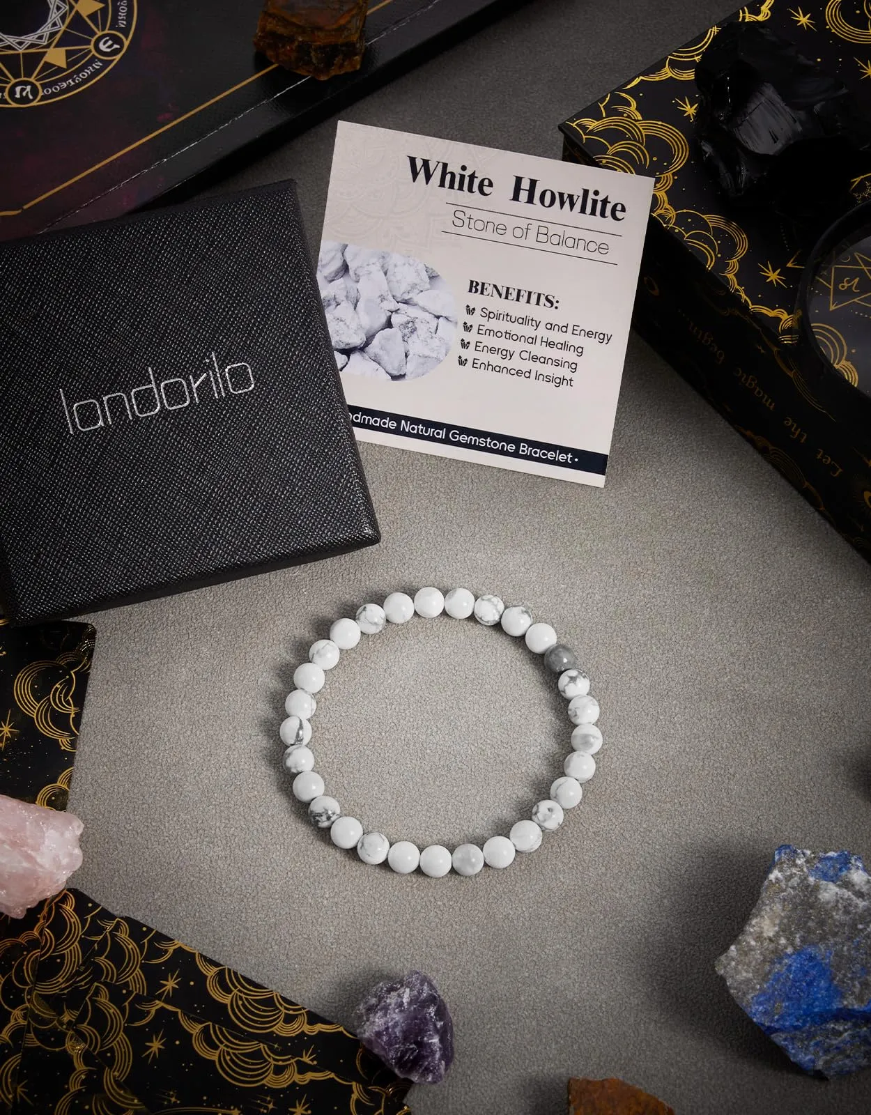 Landorilo Bracciale in Pietra Naturale 6 mm, Bianco Turchese, 19 cm - immagine 4