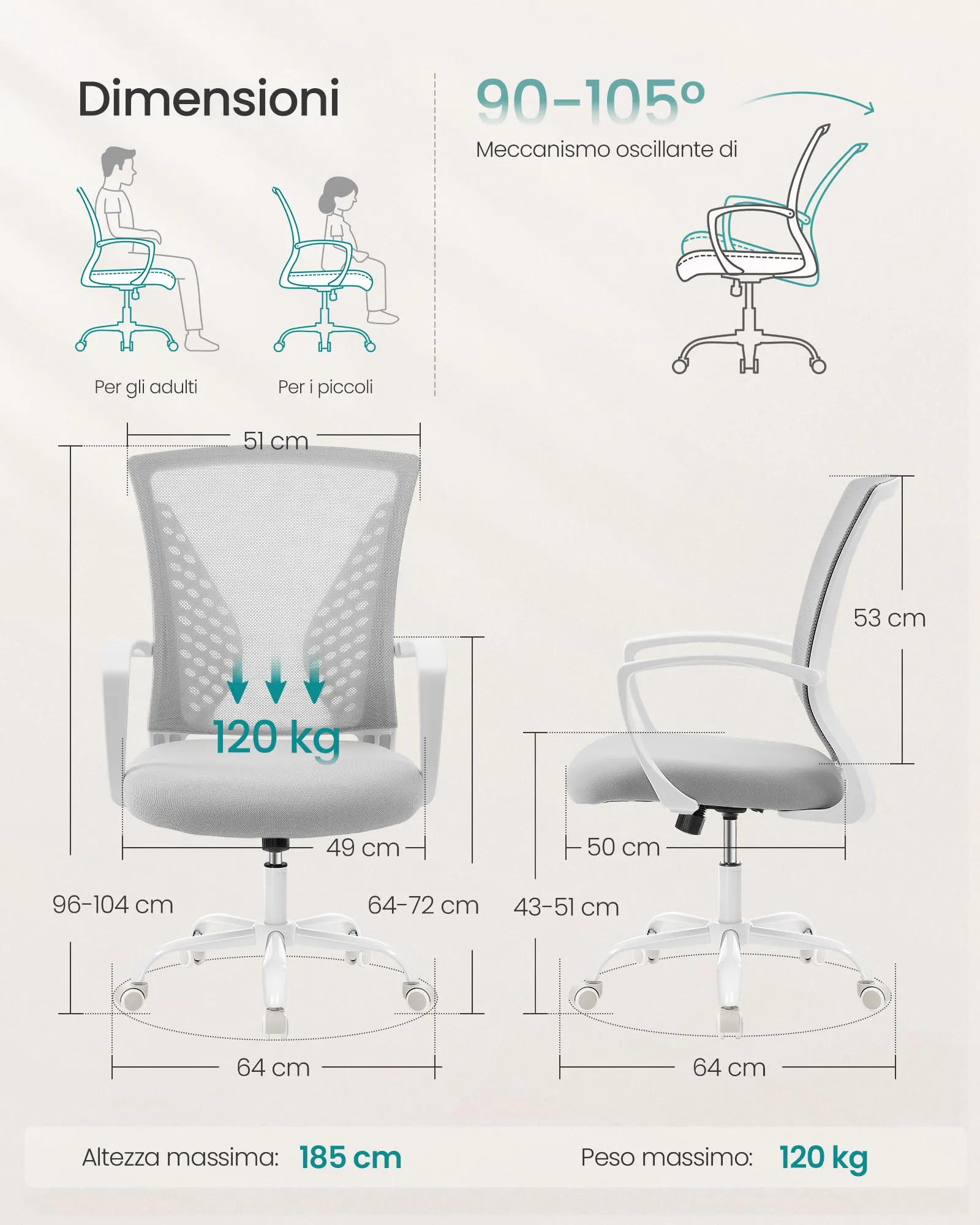 SONGMICS Sedia da Ufficio Ergonomica in Rete, Regolabile in Altezza, Grigio Tortora OBN022GD01 - immagine 3