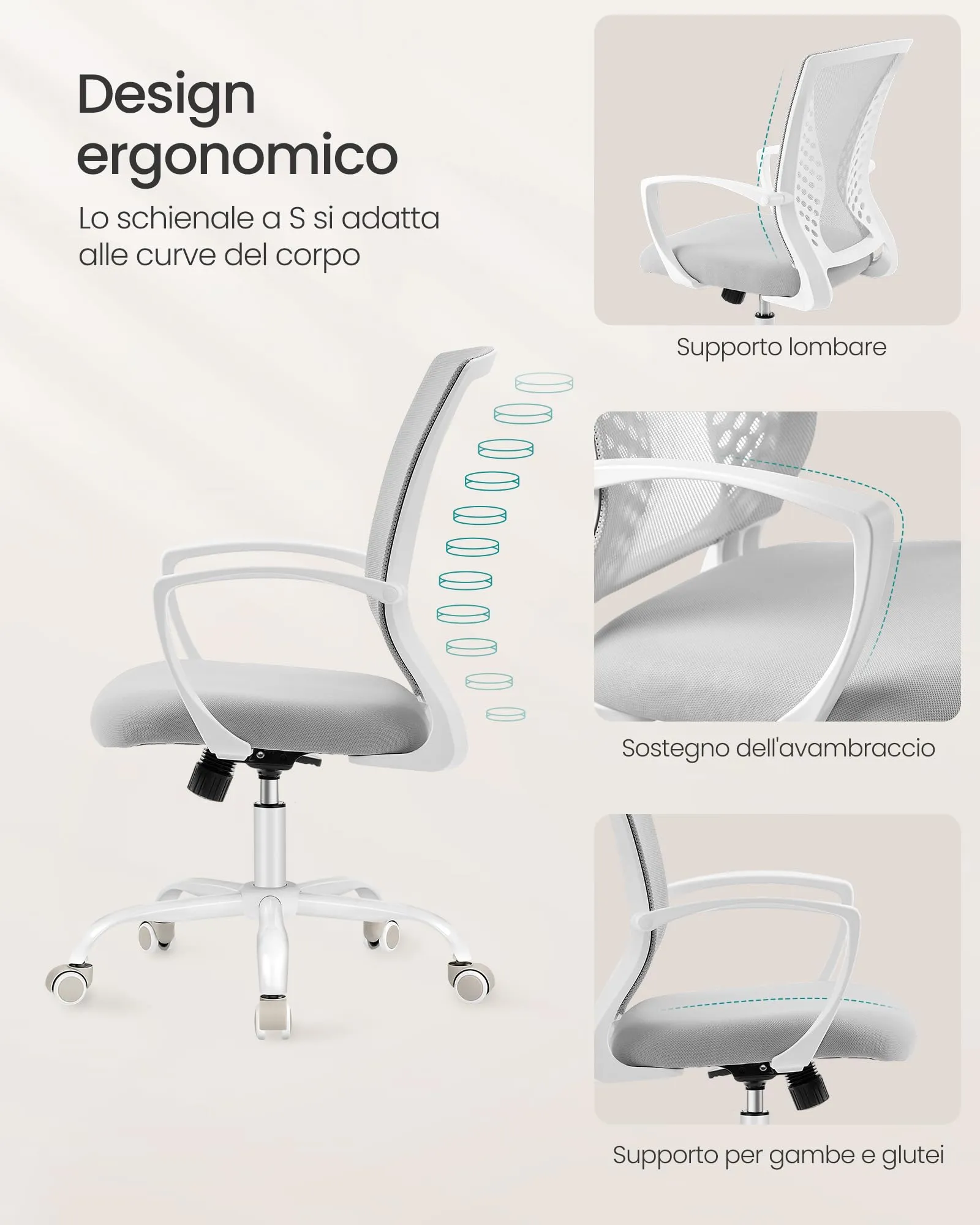 SONGMICS Sedia da Ufficio Ergonomica in Rete, Regolabile in Altezza, Grigio Tortora OBN022GD01 - immagine 4