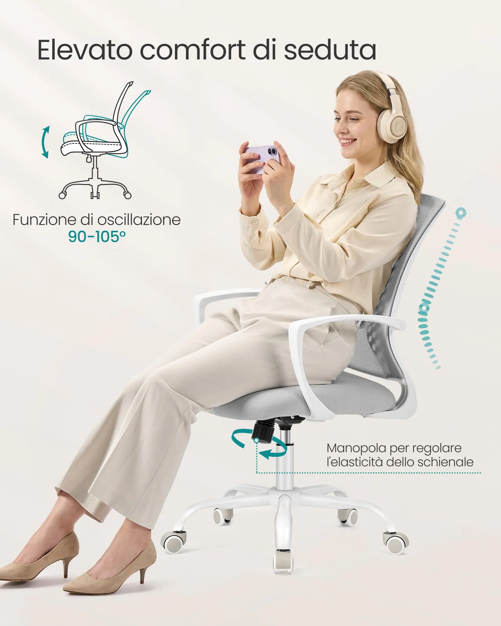 SONGMICS Sedia da Ufficio Ergonomica in Rete, Regolabile in Altezza, Grigio Tortora OBN022GD01 - immagine 6