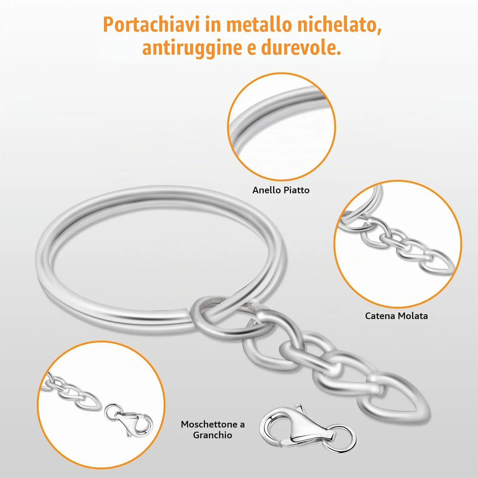AiQInu Anelli Portachiavi con Catena 25mm, 100 Pezzi - Argento - immagine 2