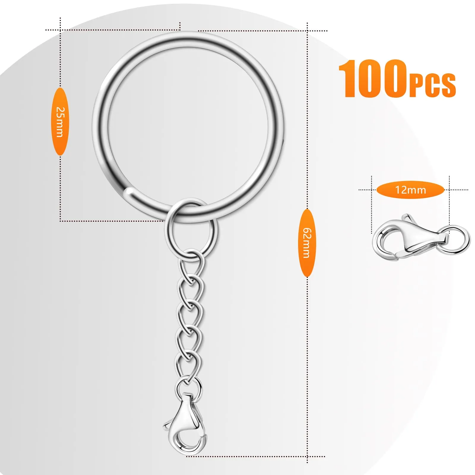 AiQInu Anelli Portachiavi con Catena 25mm, 100 Pezzi - Argento - immagine 3