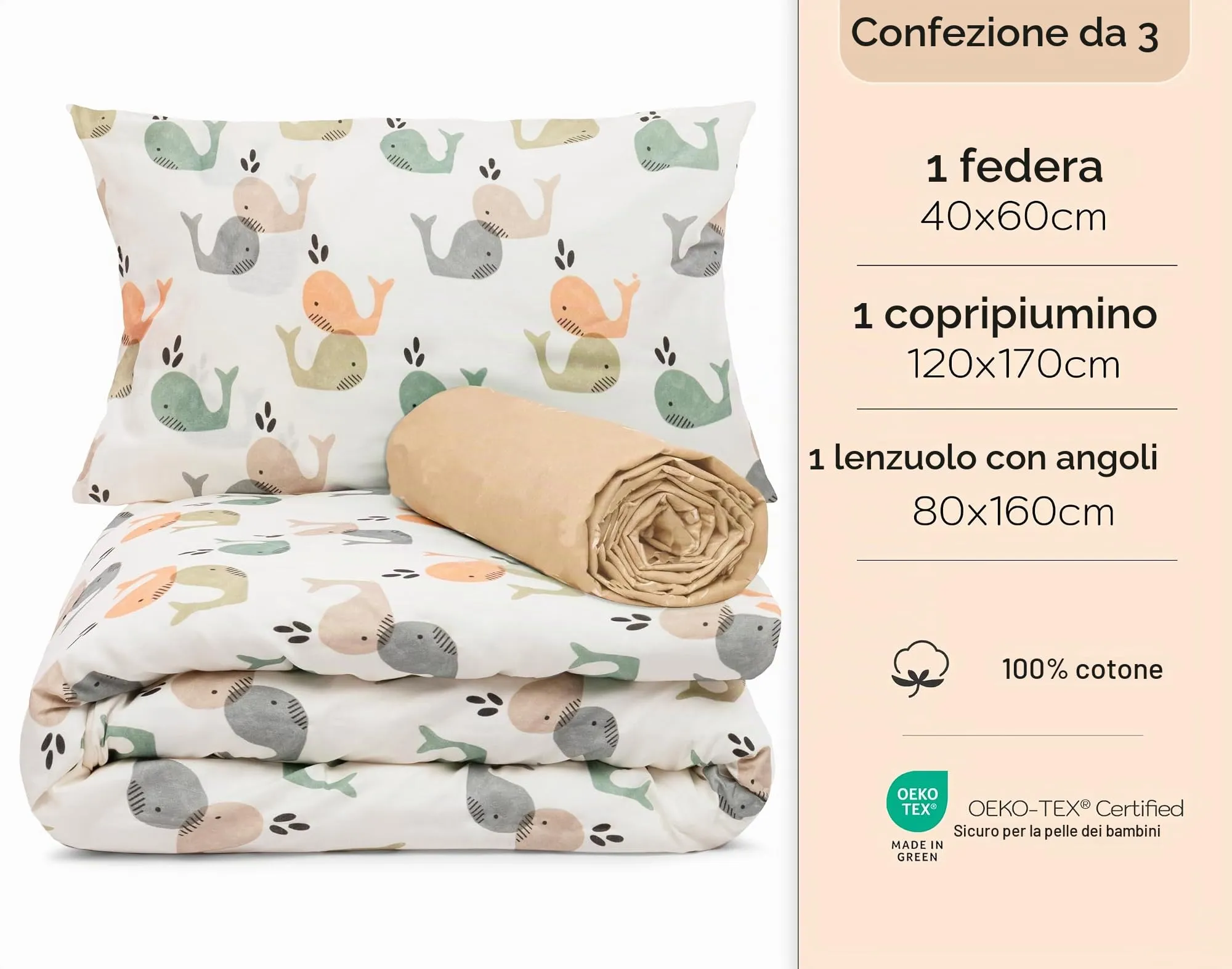 Lovely Hippo Set Letto Bambini 3 Pezzi Balene - Lenzuolo 80x160 cm con Angoli, Copripiumino 120x170 cm e Federa 40x60 cm, 100% Cotone - immagine 3