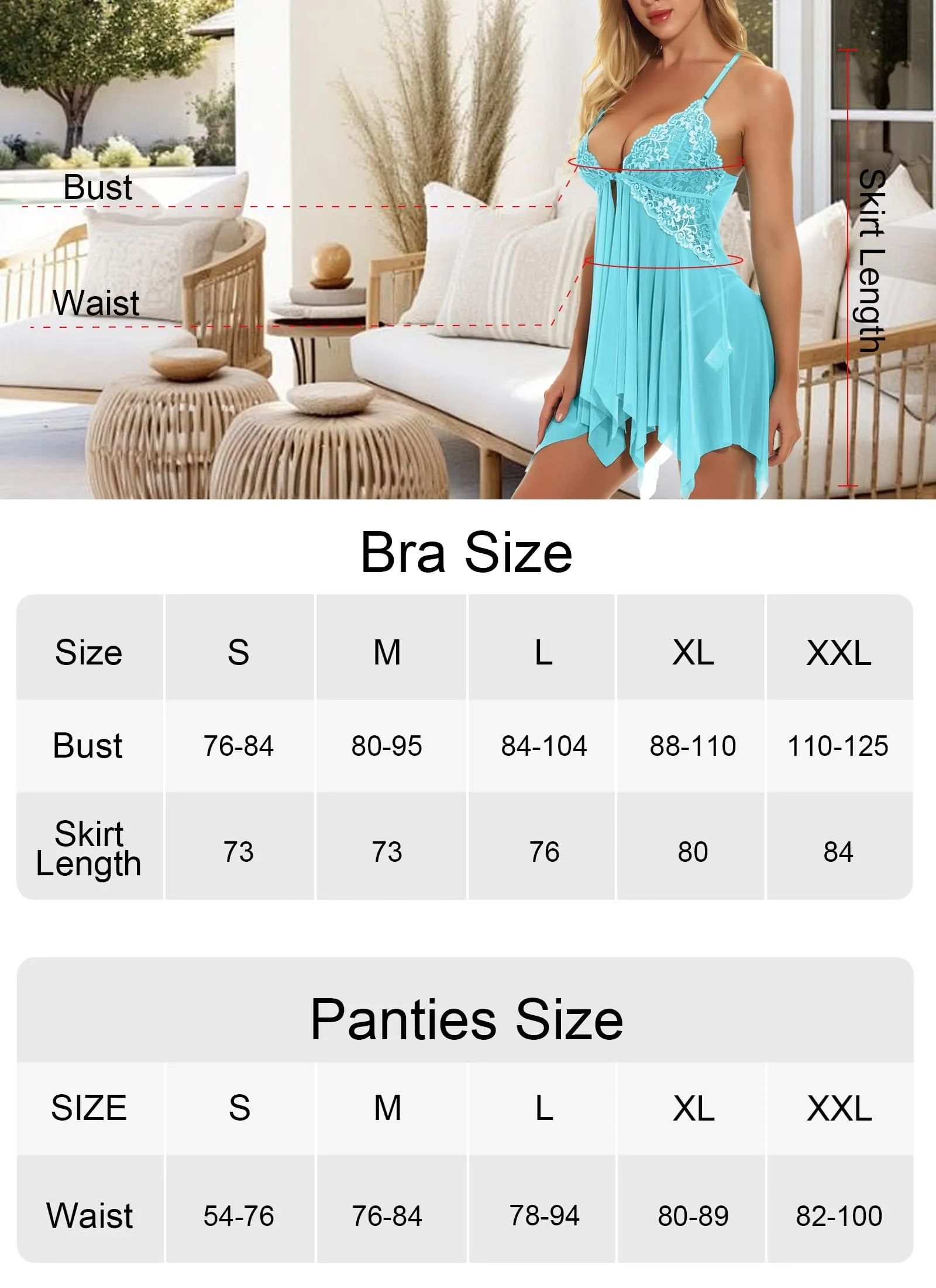 ONGASOFT Set Lingerie Babydoll con Chiusura Frontale e Perizoma, Celeste, XL - immagine 4