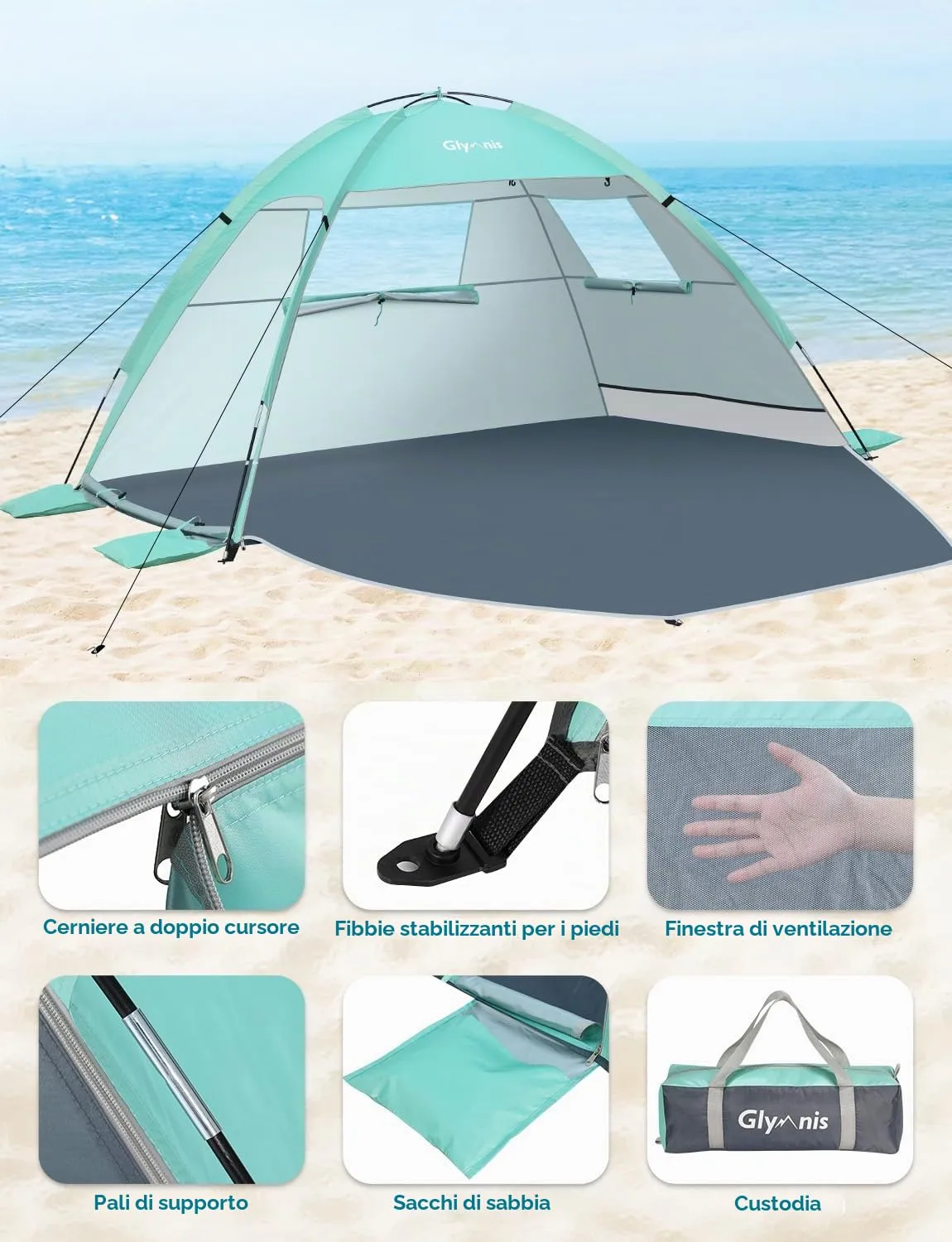 Glymnis Tenda da Spiaggia Portatile UPF 50+, 2-4 Persone, Verde - immagine 3