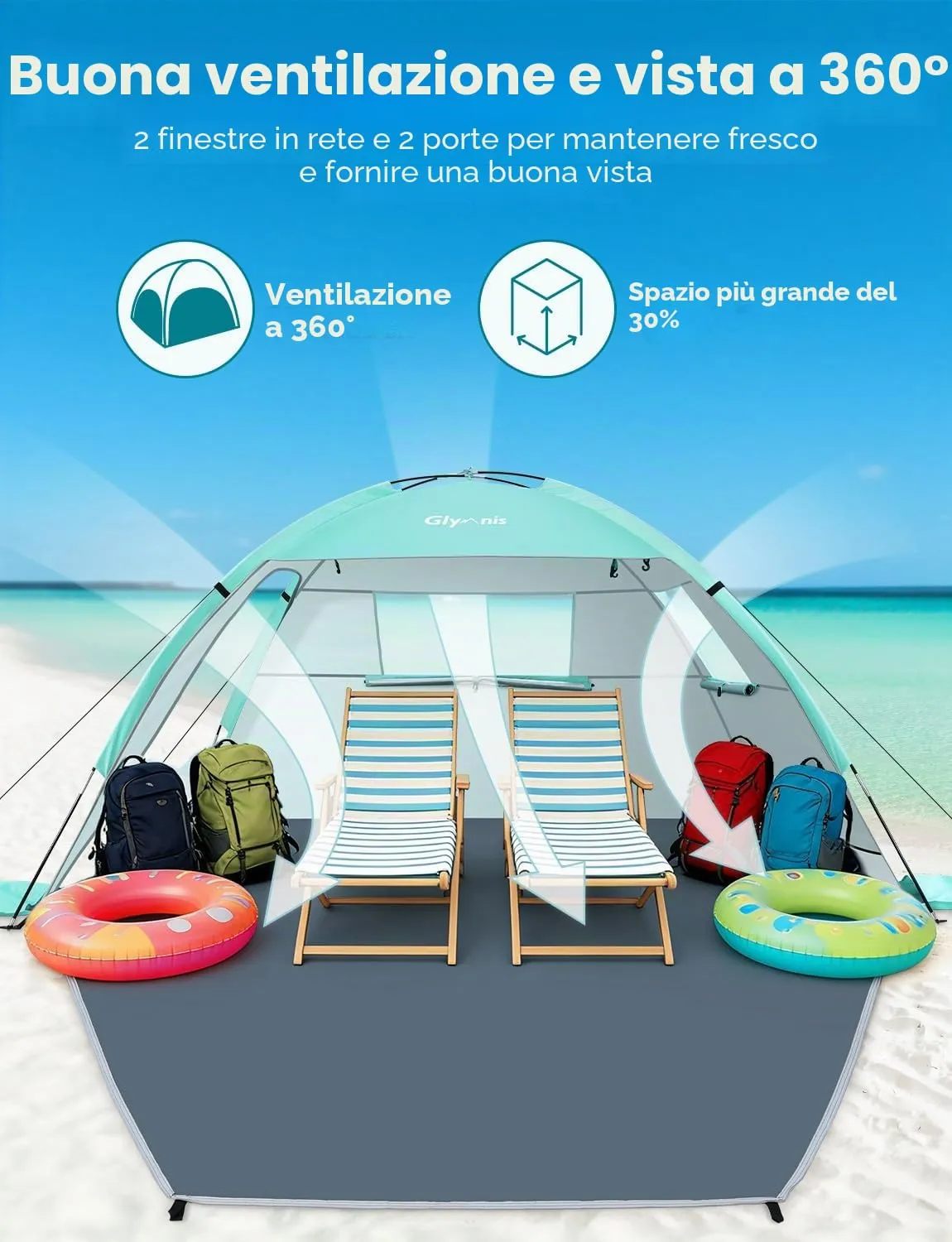 Glymnis Tenda da Spiaggia Portatile UPF 50+, 2-4 Persone, Verde - immagine 6