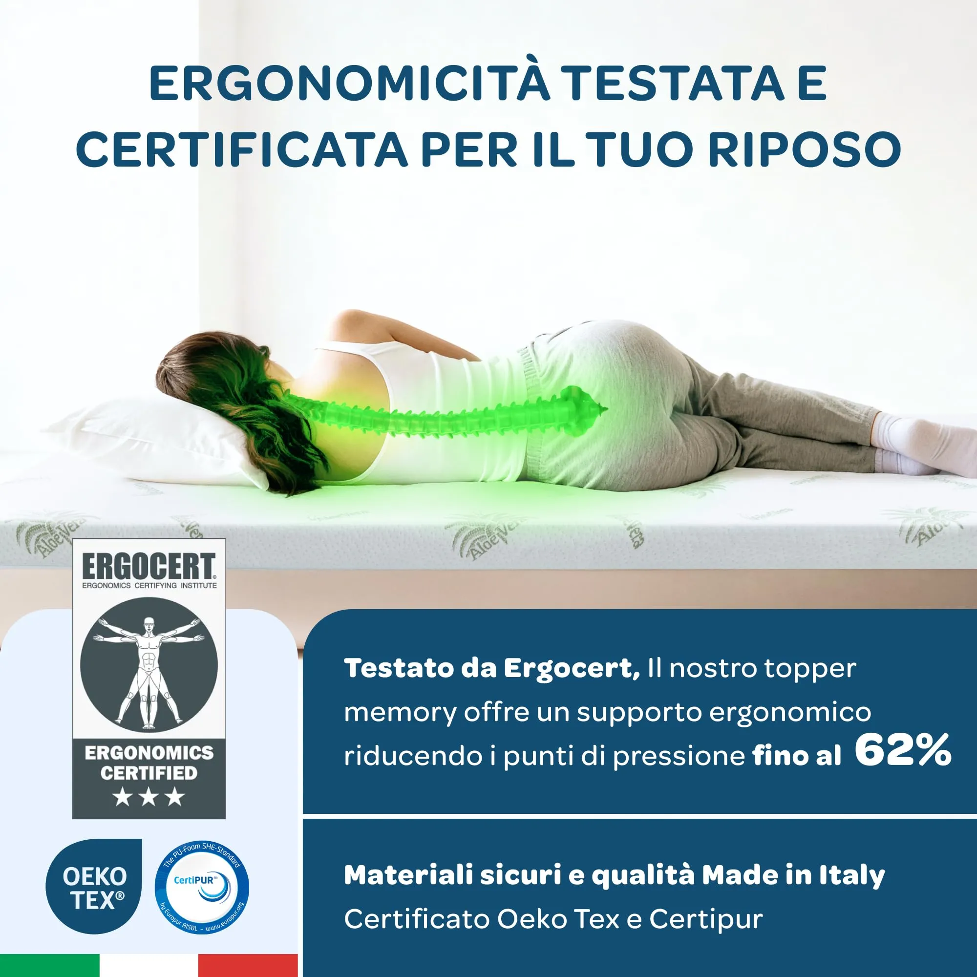 Dolci Sogni Topper Singolo Memory Foam 80x200 cm, Spessore 5 cm, Aloe Vera, Sfoderabile, Made in Italy - immagine 10