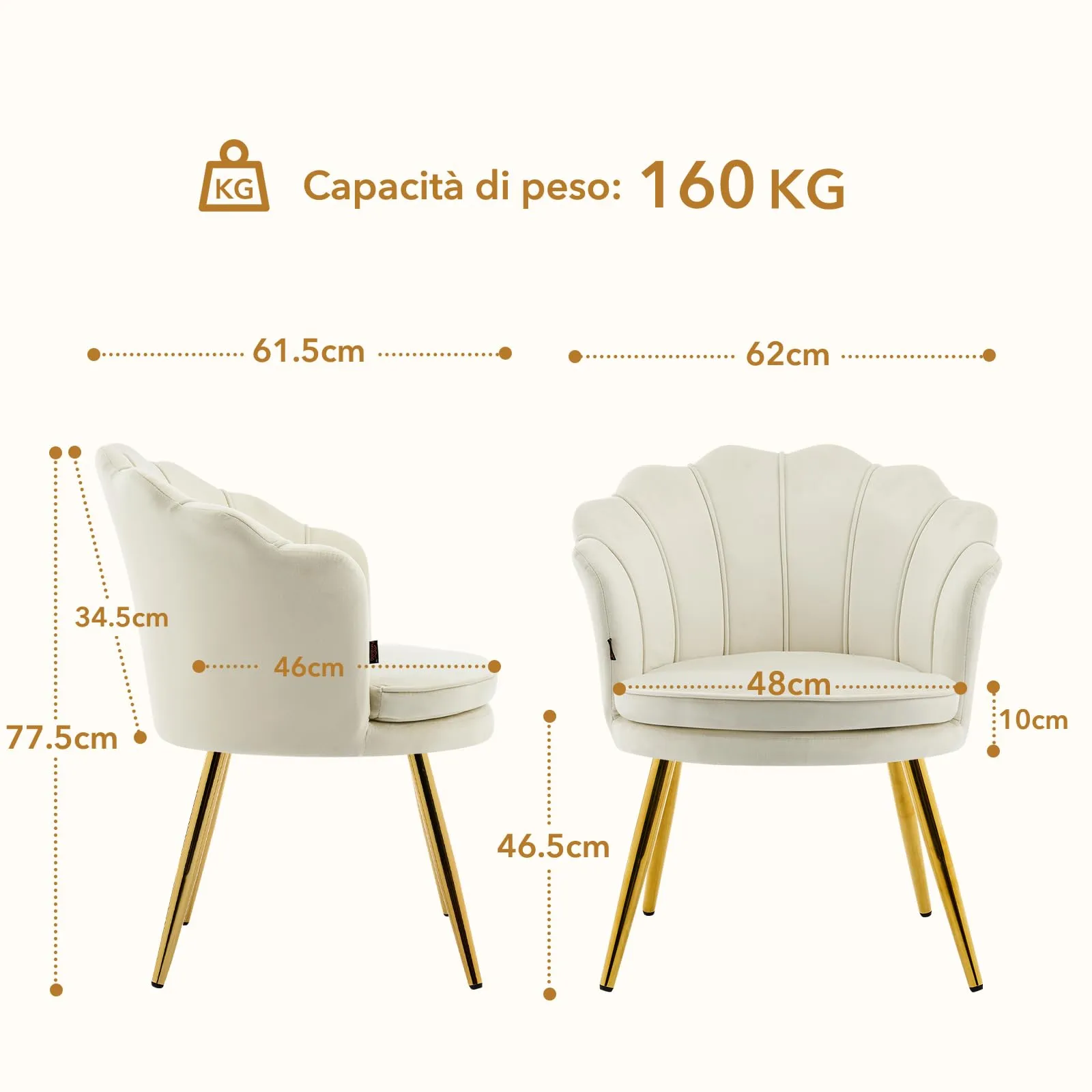 Ckaff Set di 2 Poltrone Conchiglia in Velluto con Gambe in Oro, Beige - immagine 2