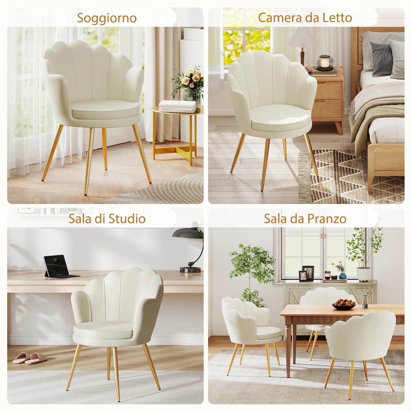 Ckaff Set di 2 Poltrone Conchiglia in Velluto con Gambe in Oro, Beige - immagine 4