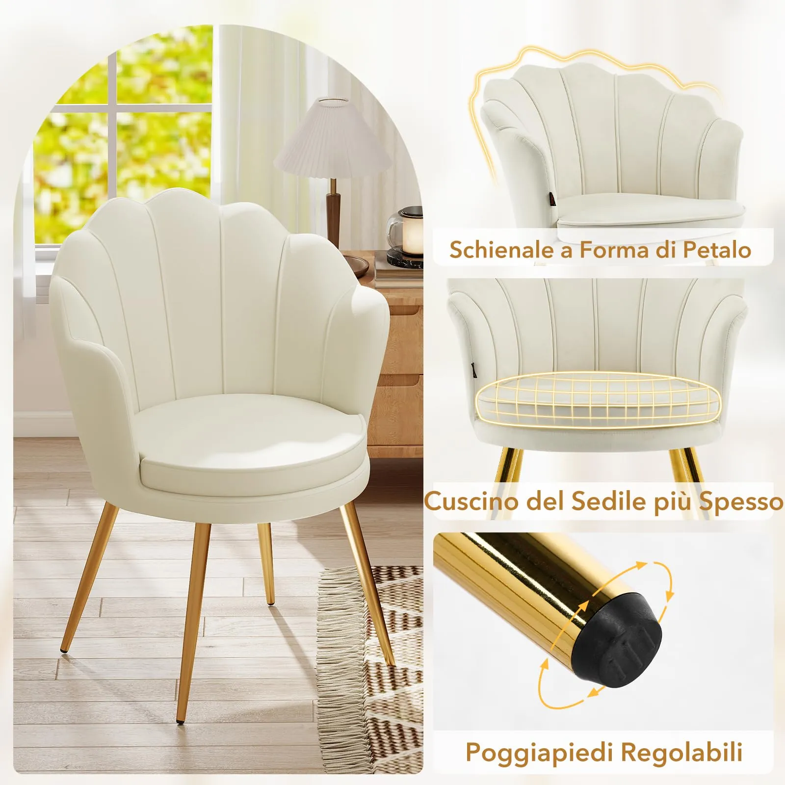 Ckaff Set di 2 Poltrone Conchiglia in Velluto con Gambe in Oro, Beige - immagine 6