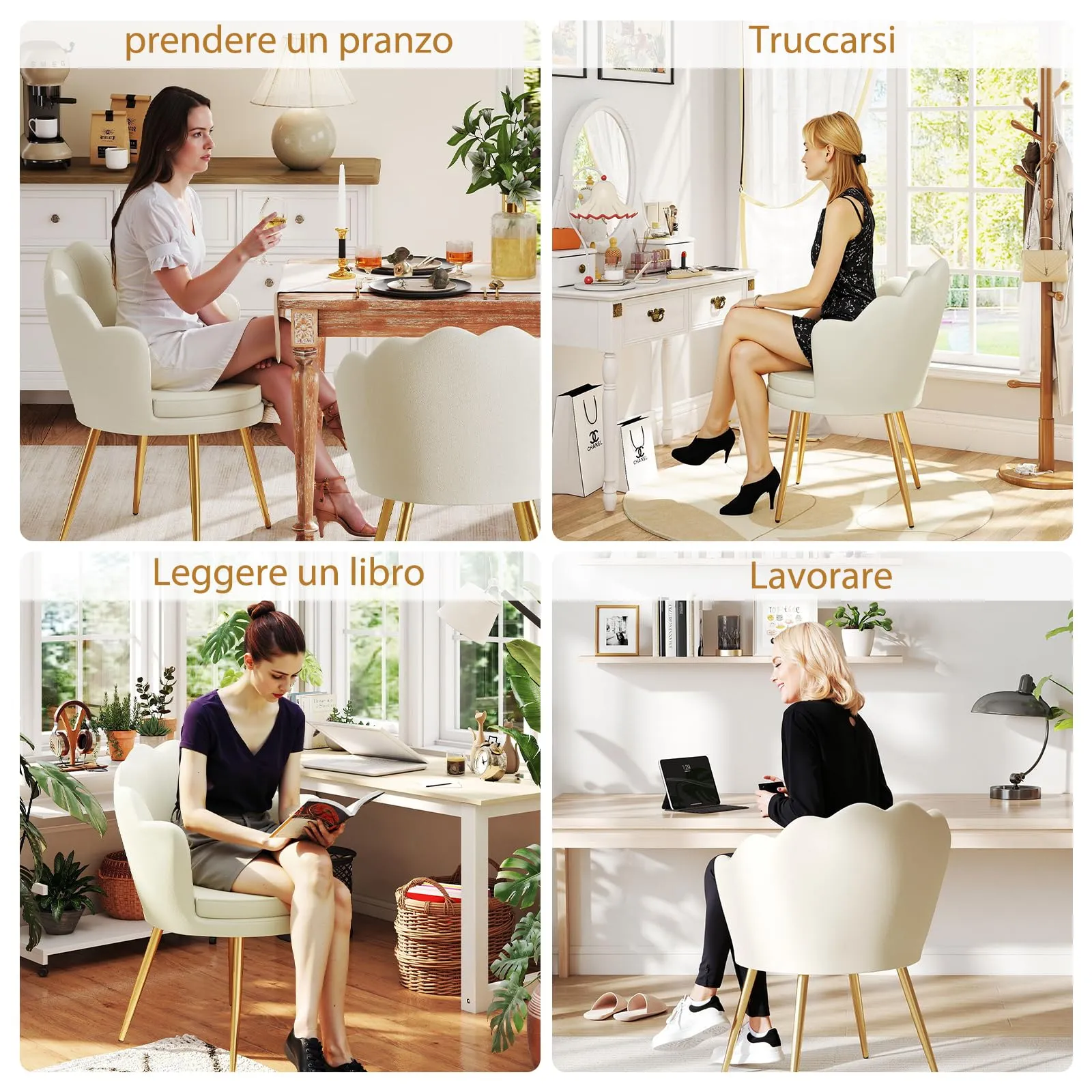 Ckaff Poltrona Conchiglia in Velluto con Gambe in Oro, Beige - immagine 3