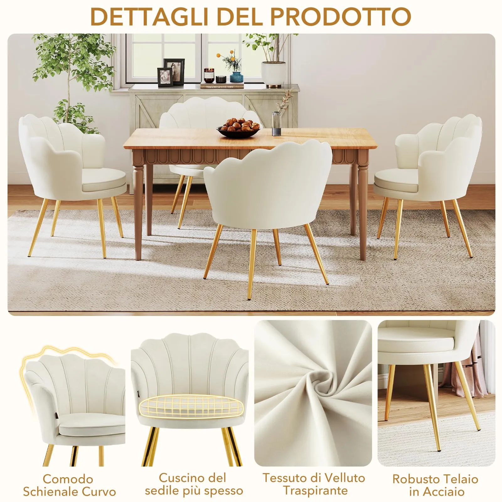 Ckaff Poltrona Conchiglia in Velluto con Gambe in Oro, Beige - immagine 5