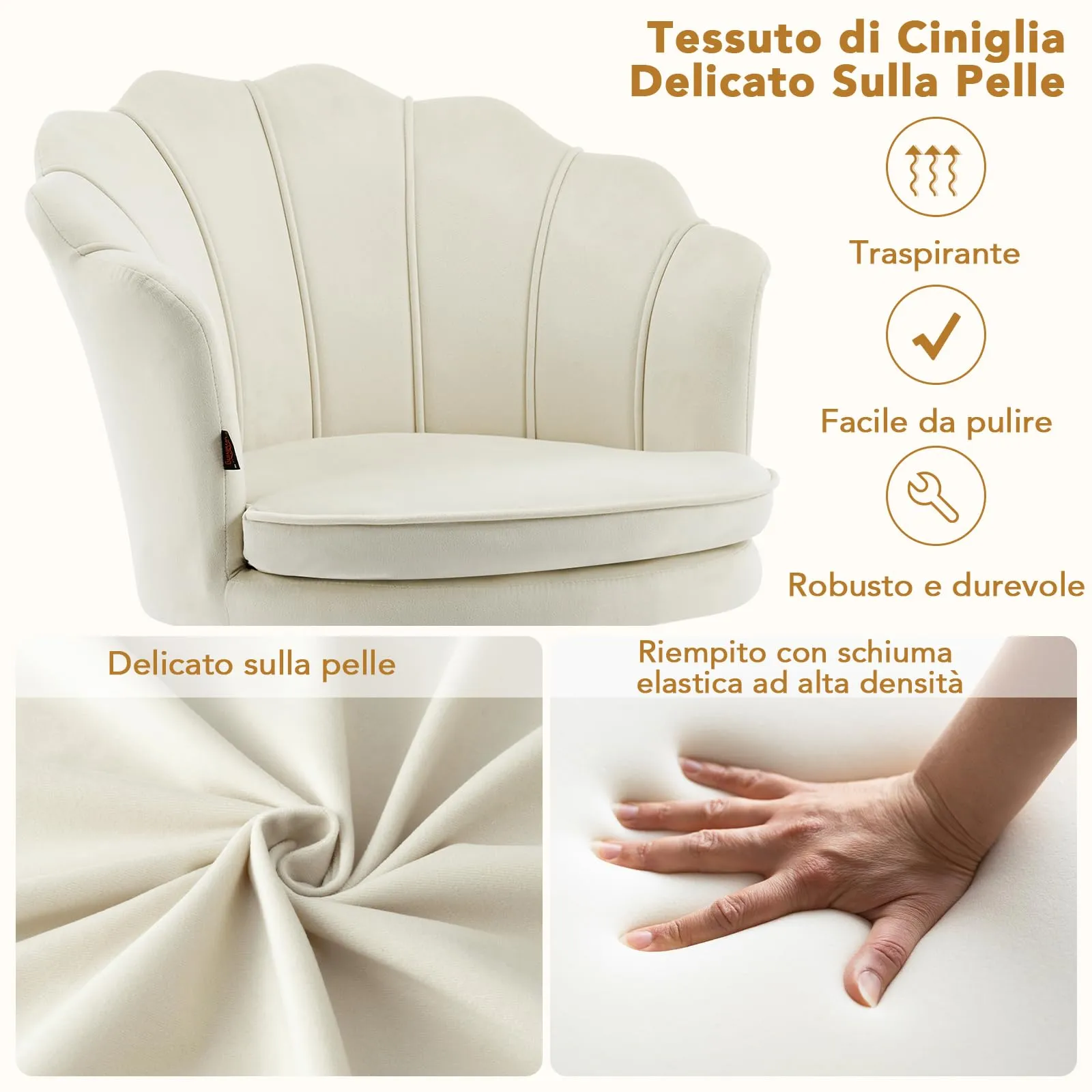 Ckaff Poltrona Conchiglia in Velluto con Gambe in Oro, Beige - immagine 7