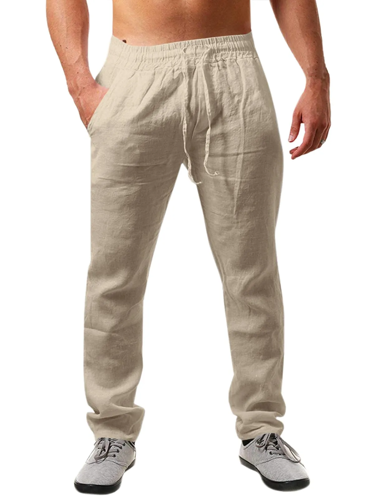 Runcati Pantaloni da uomo in lino e cotone, vestibilità larga con coulisse, albicocca, M - immagine 1