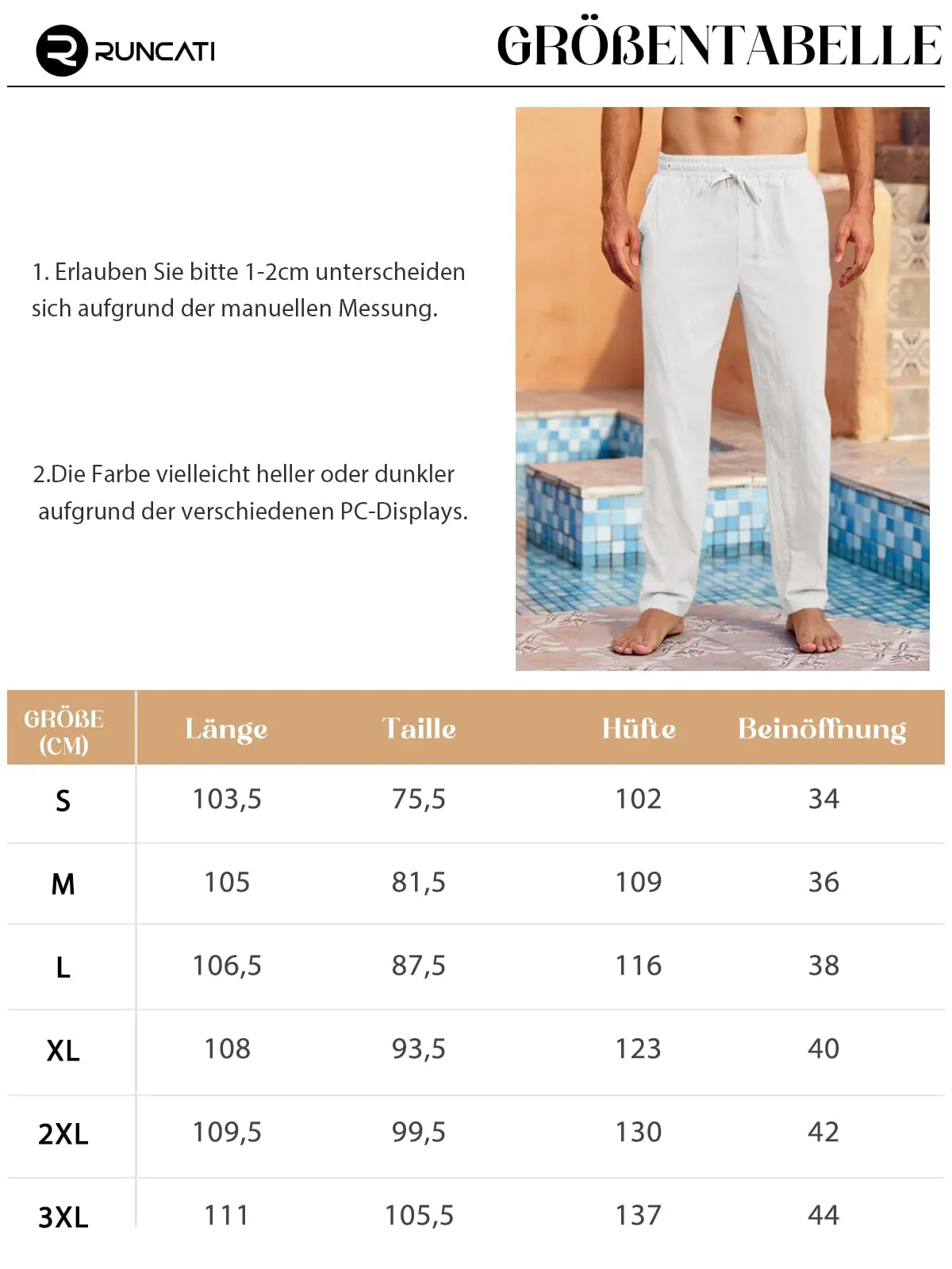 Runcati Pantaloni da uomo in lino e cotone con coulisse, Marrone, XXL - immagine 6