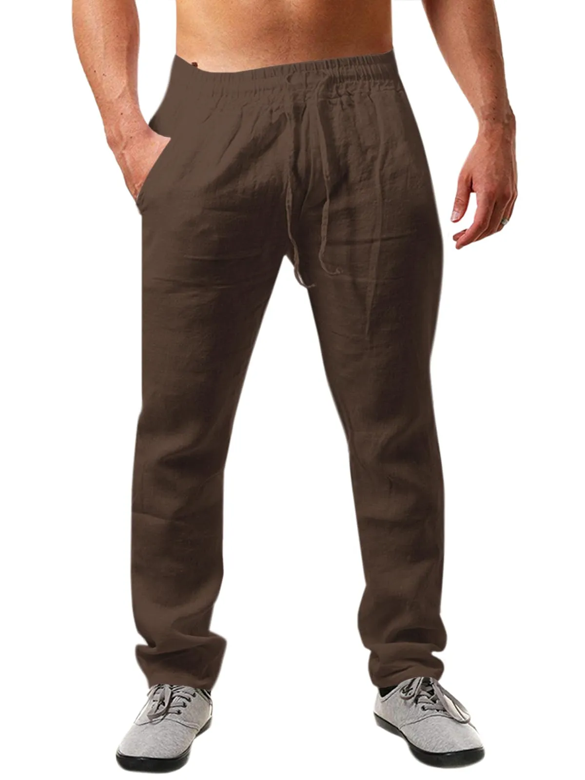 Runcati Pantaloni da Uomo in Lino e Cotone, Vestibilità Larga con Coulisse, Marrone, XL - immagine 1