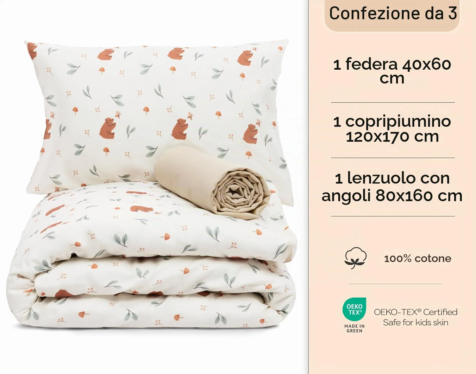 Lovely Hippo Set Letto 3 Pezzi Orsetto: Lenzuolo con Angoli 80x160 cm, Copripiumino 120x170 cm e Federa - immagine 2