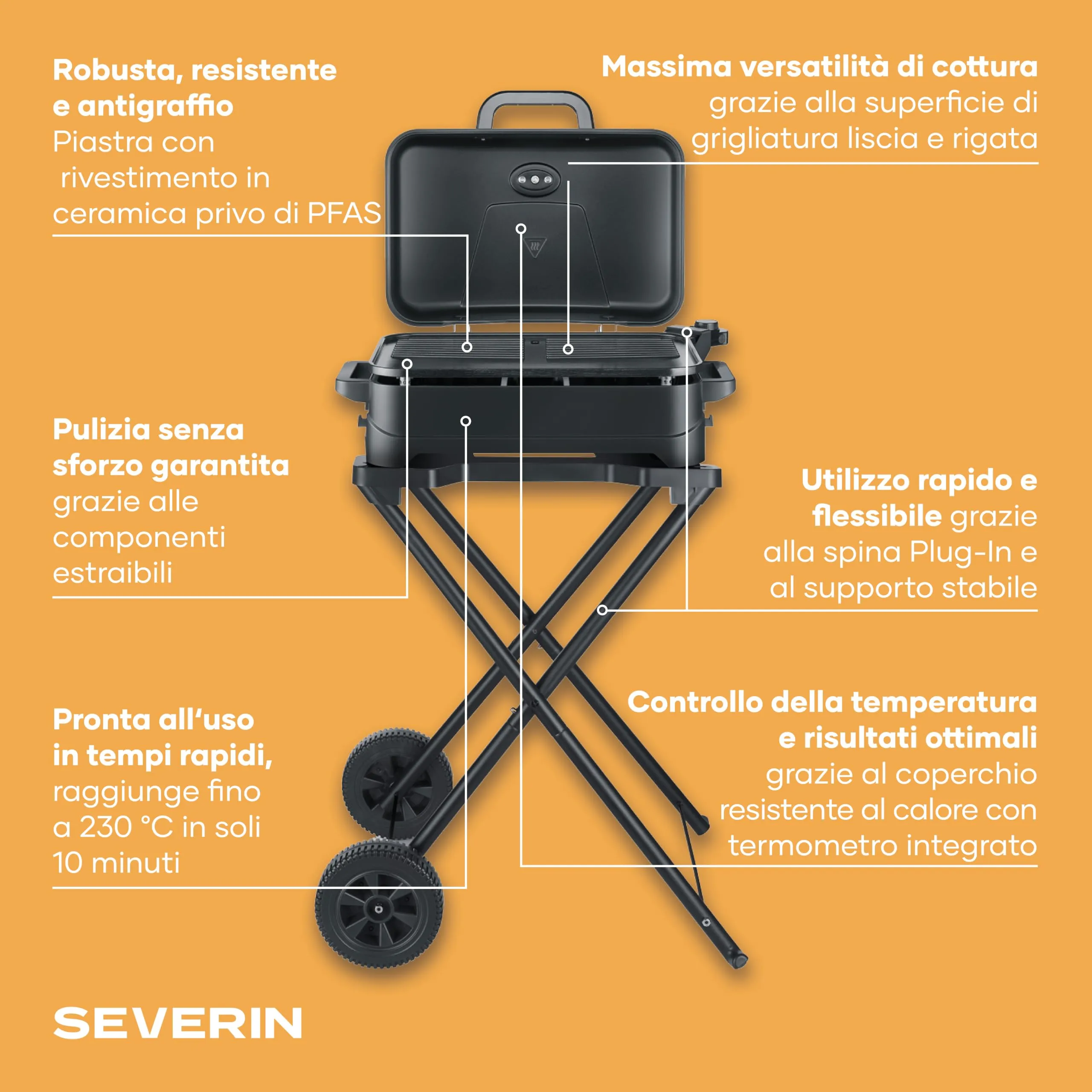 Severin Barbecue Elettrico PG 8598, 2300W, con Supporto e Coperchio, Nero - immagine 3