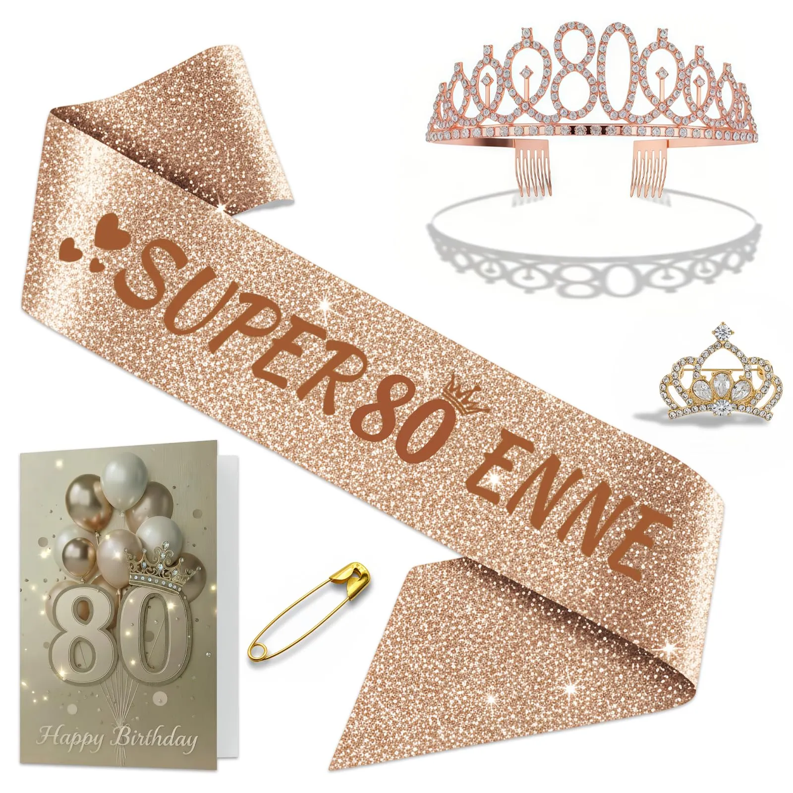 NEONSKY Set Compleanno Donna con Fascia, Corona, Spilla Mini Corona e Biglietto con Busta Kraft (80 anni) - immagine 1