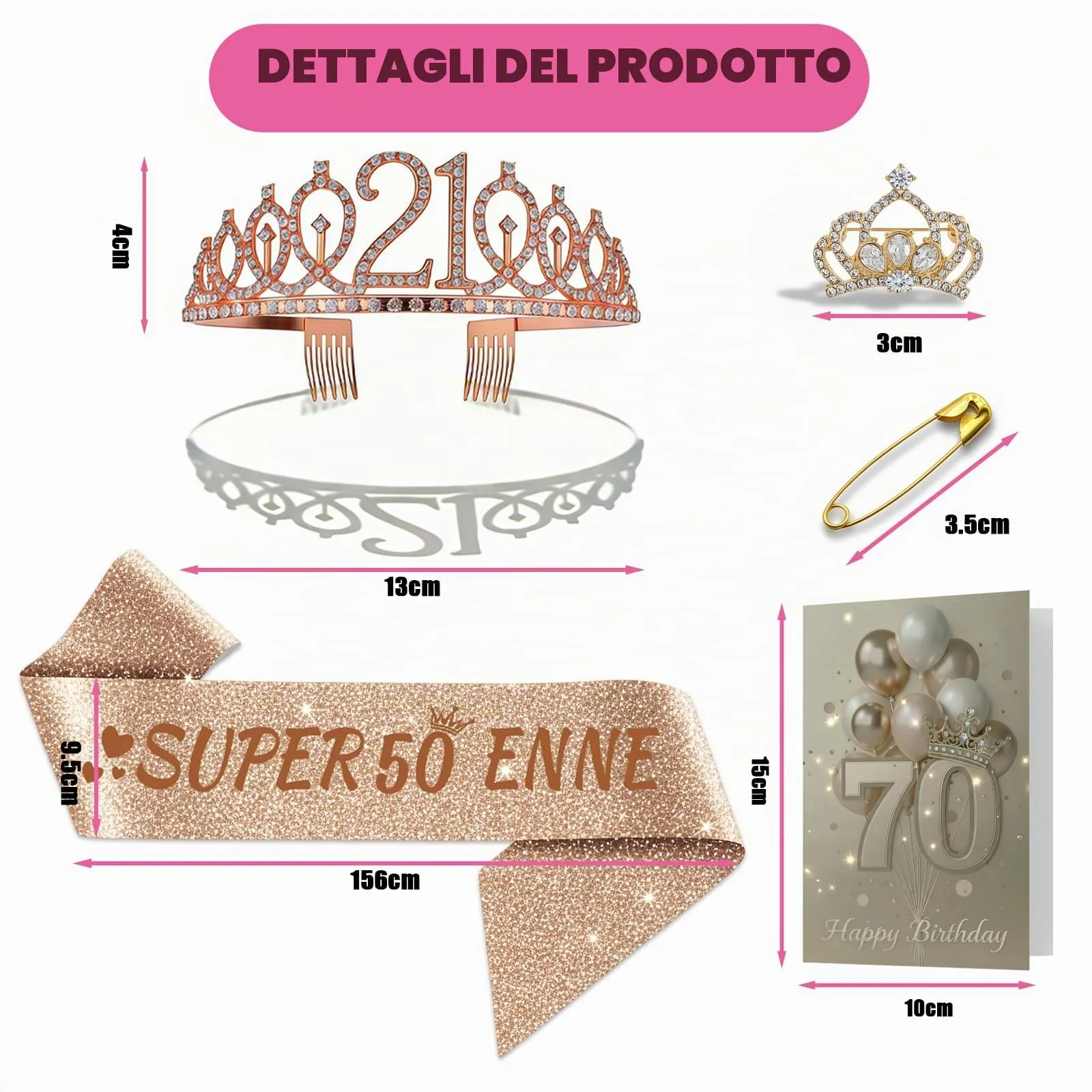NEONSKY Set Compleanno Donna con Fascia, Corona, Spilla Mini Corona e Biglietto con Busta Kraft (18 anni) - immagine 4