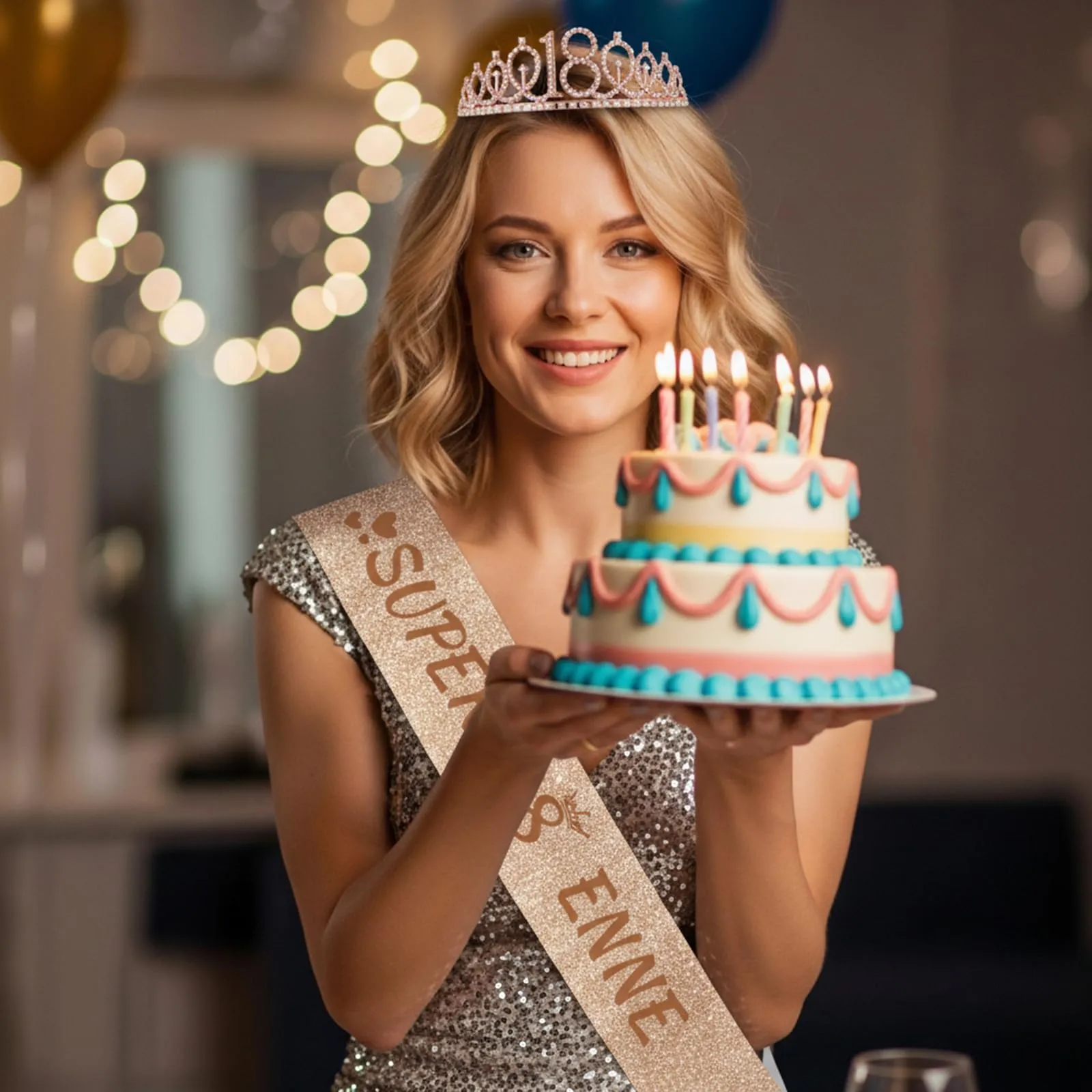 NEONSKY Set Compleanno Donna con Fascia, Corona, Spilla Mini Corona e Biglietto con Busta Kraft (18 anni) - immagine 5