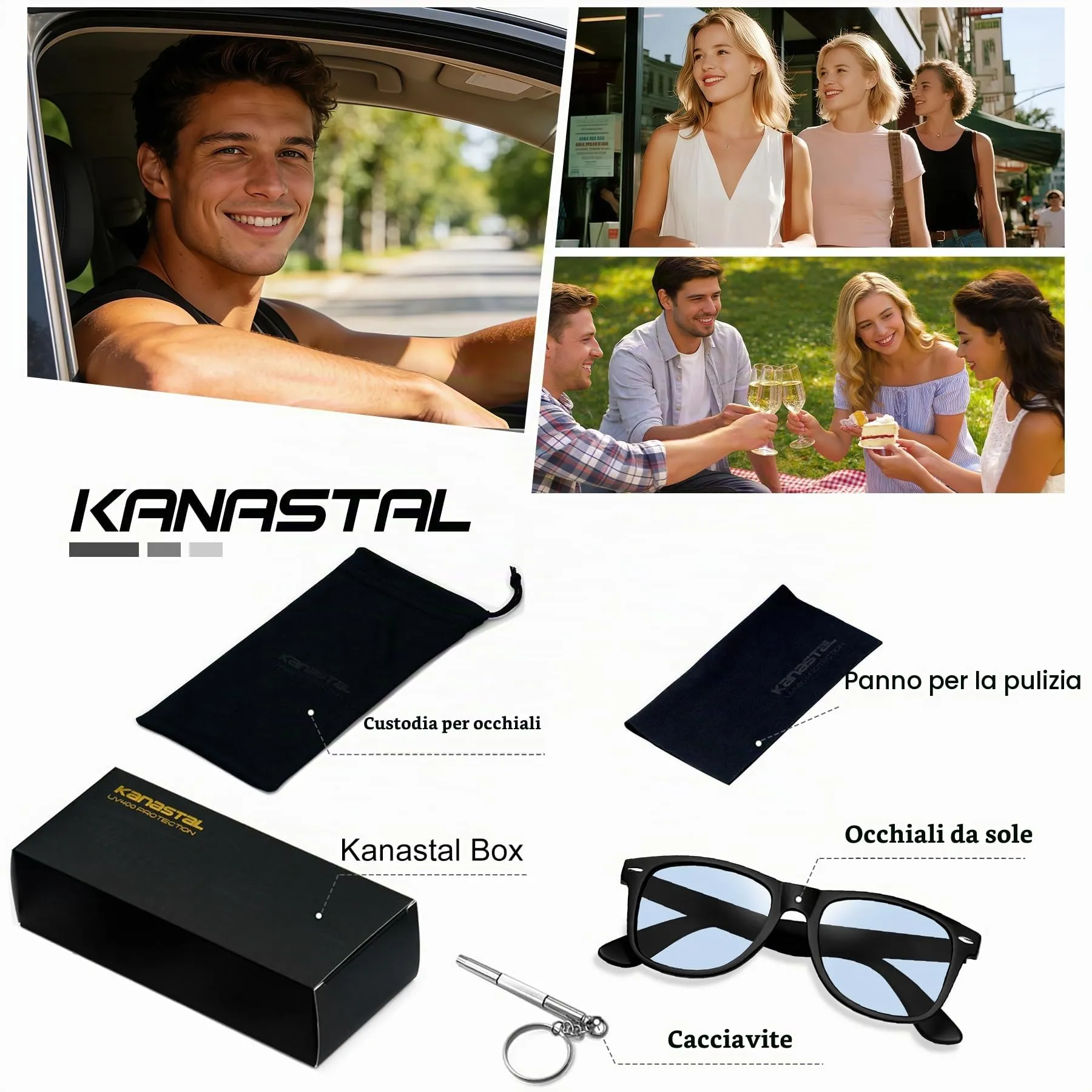 KANASTAL Occhiali da Sole Polarizzati UV400 Fotocromatici Blu Chiare, Montatura Quadrata Oversize - immagine 7