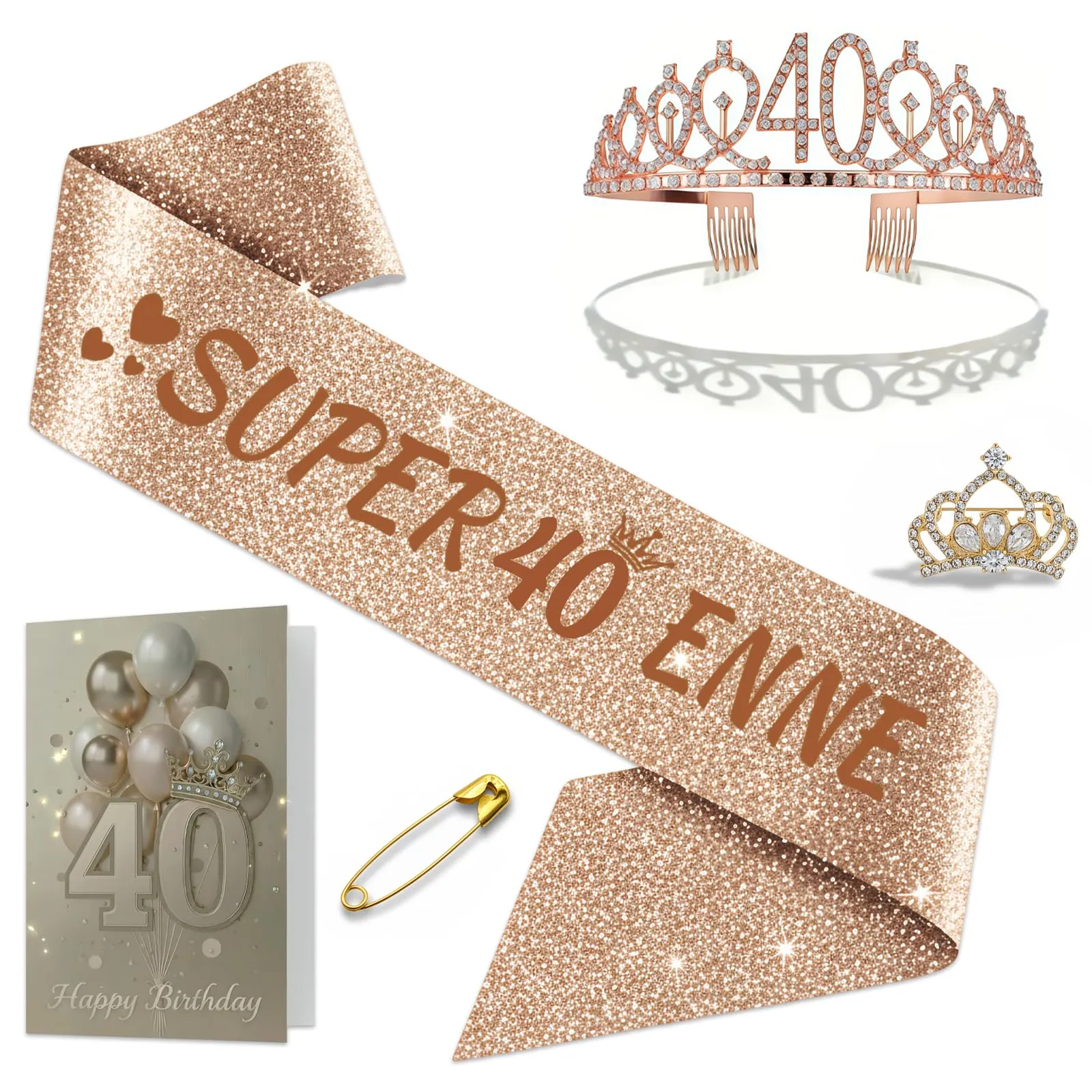 NEONSKY Set Compleanno Donna con Fascia, Corona, Spilla Mini Corona e Biglietto con Busta Kraft (40 anni) - immagine 1