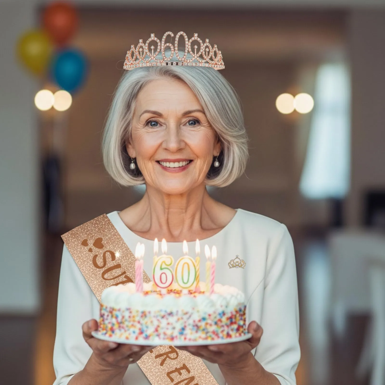 NEONSKY Set Compleanno Donna con Fascia, Corona, Spilla Mini Corona, Biglietto e Busta Kraft (60 anni) - immagine 2