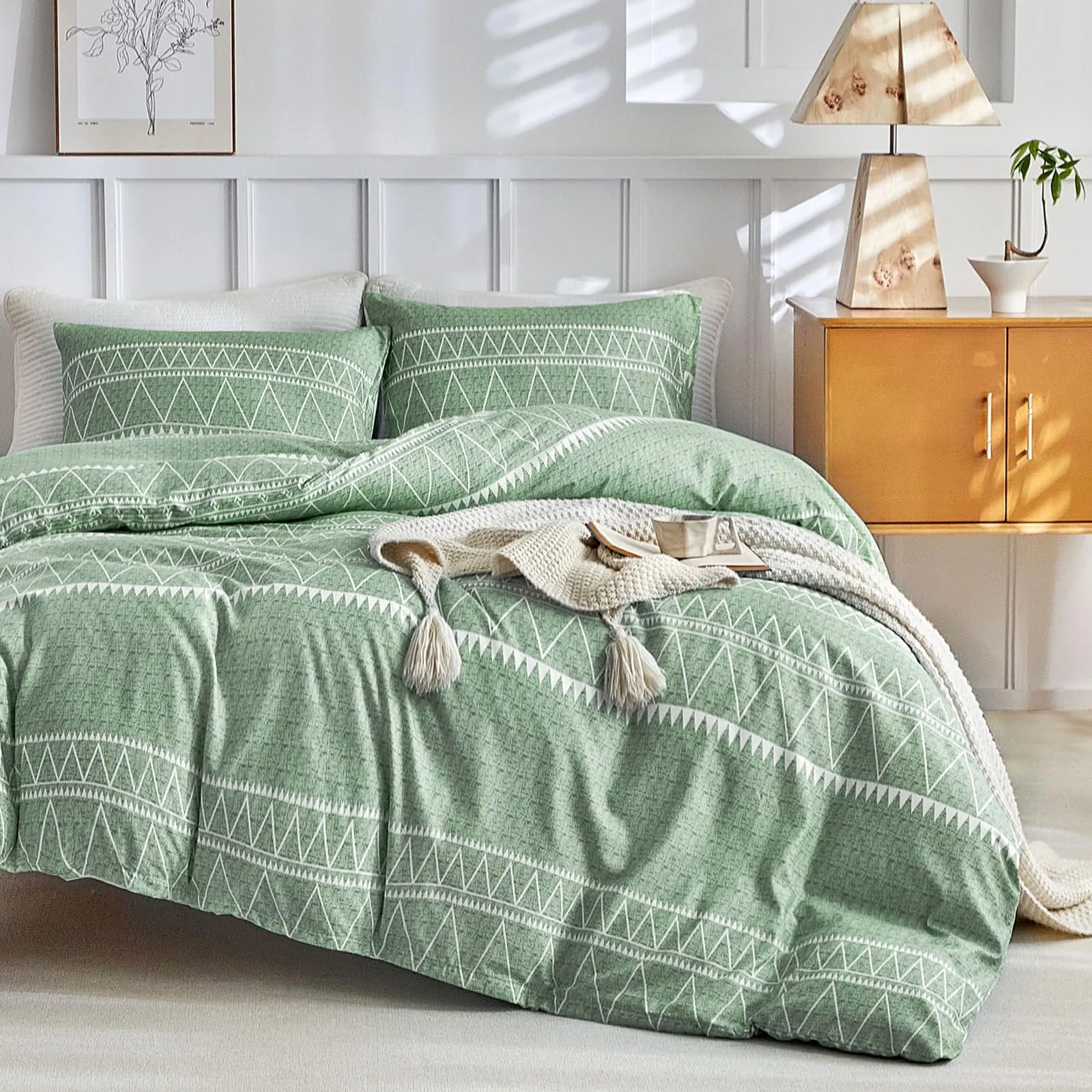 Tokokimo Set Copripiumino Matrimoniale 3 Pezzi in Microfibra, Motivo Bohémien, 240x220cm, Verde - immagine 2