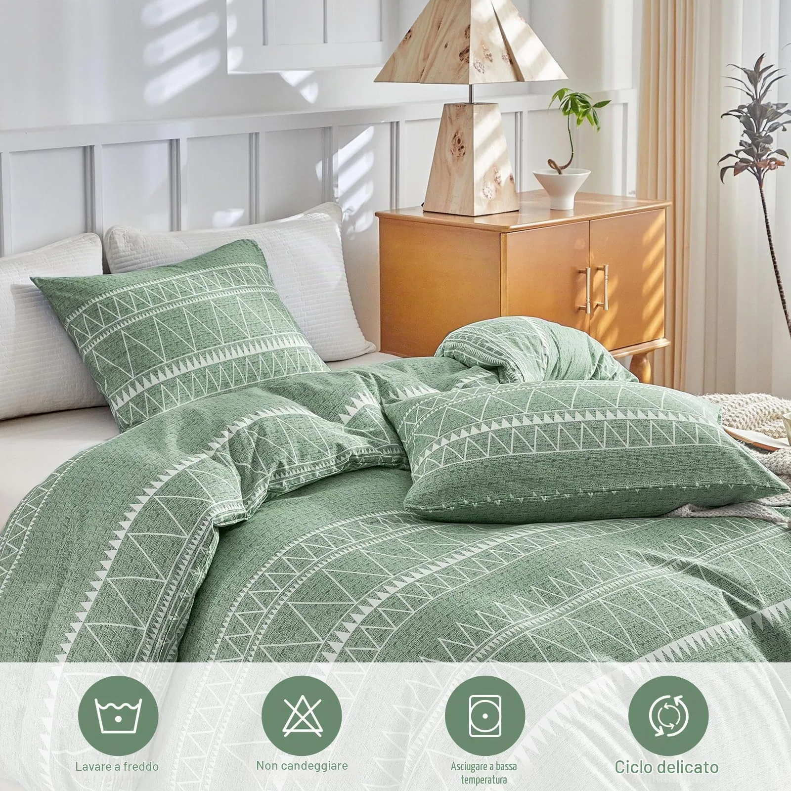 Tokokimo Set Copripiumino Matrimoniale 3 Pezzi in Microfibra, Motivo Bohémien, 240x220cm, Verde - immagine 5
