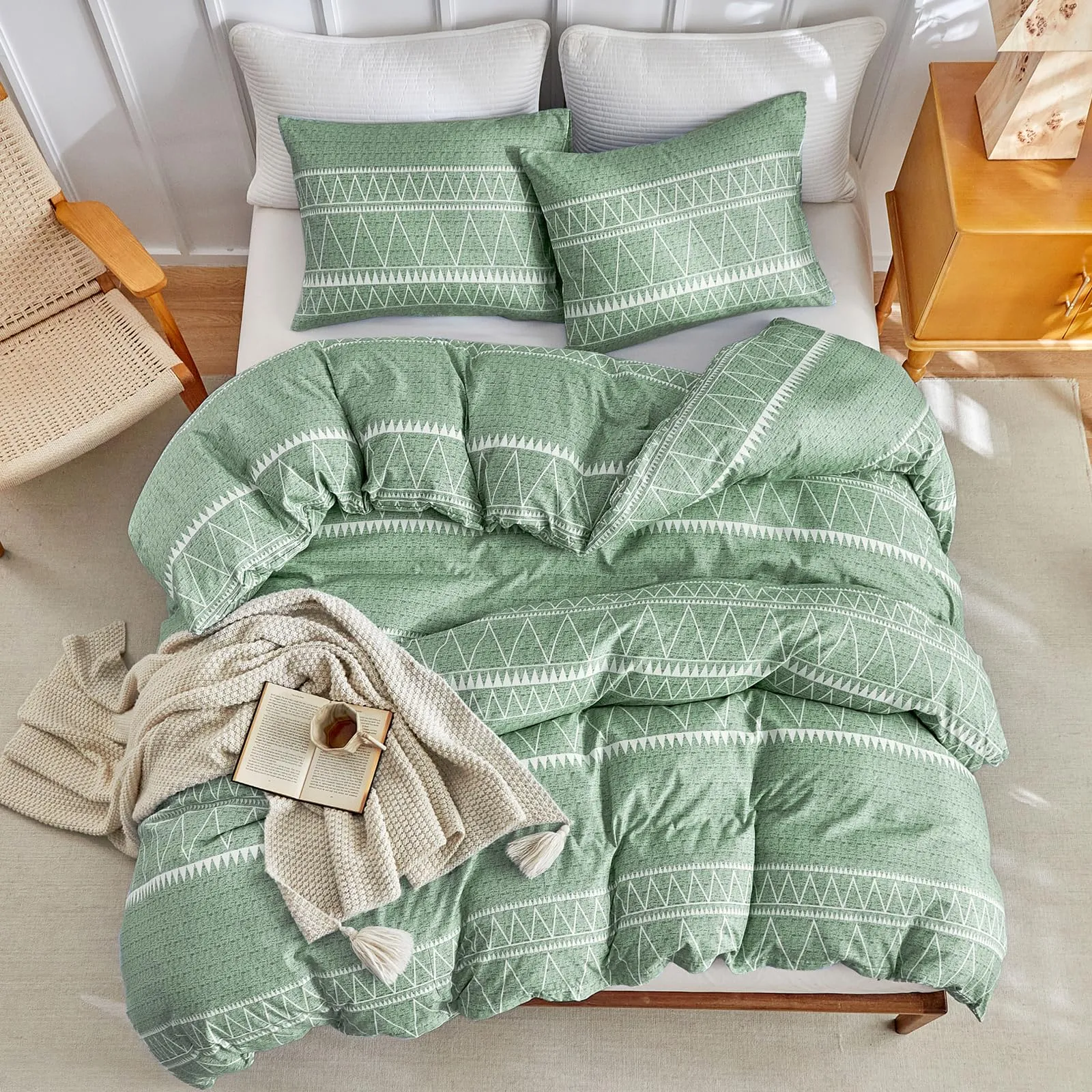 Tokokimo Set Copripiumino Matrimoniale 3 Pezzi in Microfibra, Motivo Bohémien, 240x220cm, Verde - immagine 6