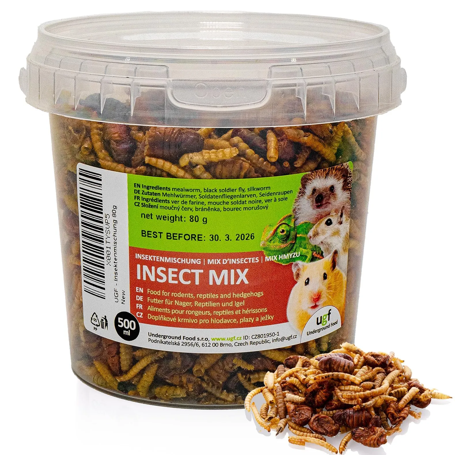 UGF Underground Food Mix di insetti (vermi della farina, larve di mosca soldato nera, bachi da seta), 80 g, secchio da 500 ml - immagine 1