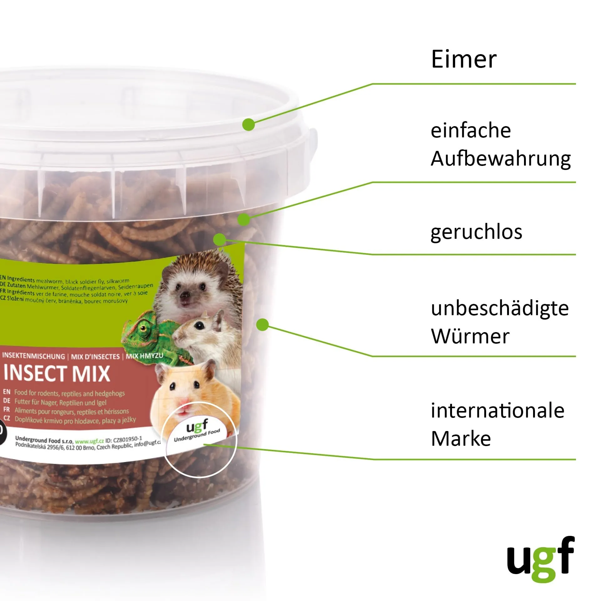 UGF Underground Food Mix di insetti (vermi della farina, larve di mosca soldato nera, bachi da seta), 80 g, secchio da 500 ml - immagine 6