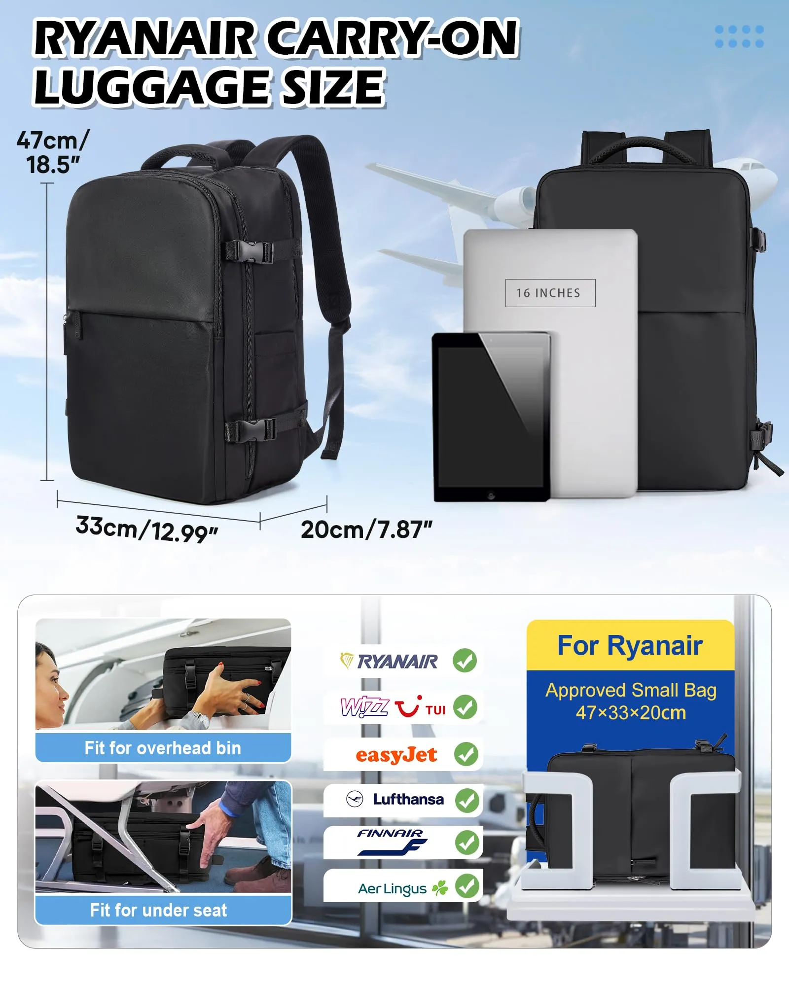 BJLFS Borse da Cabina Ryanair 40x30x20 Bagaglio a Mano Sottovuoto Donna - immagine 3