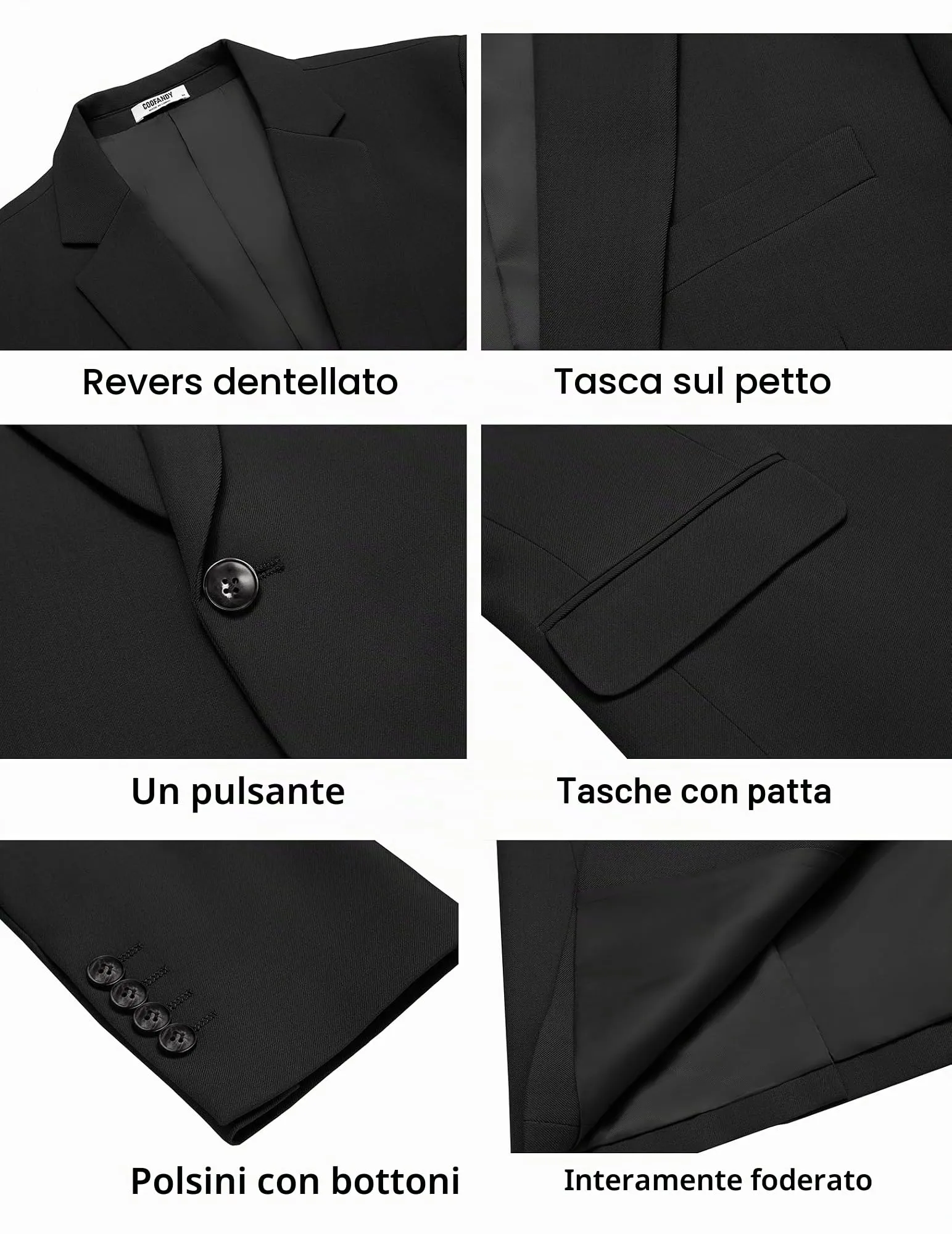 COOFANDY Giacca Blazer da Uomo Sportiva Casual 1 Bottone Nero 4XL - immagine 5
