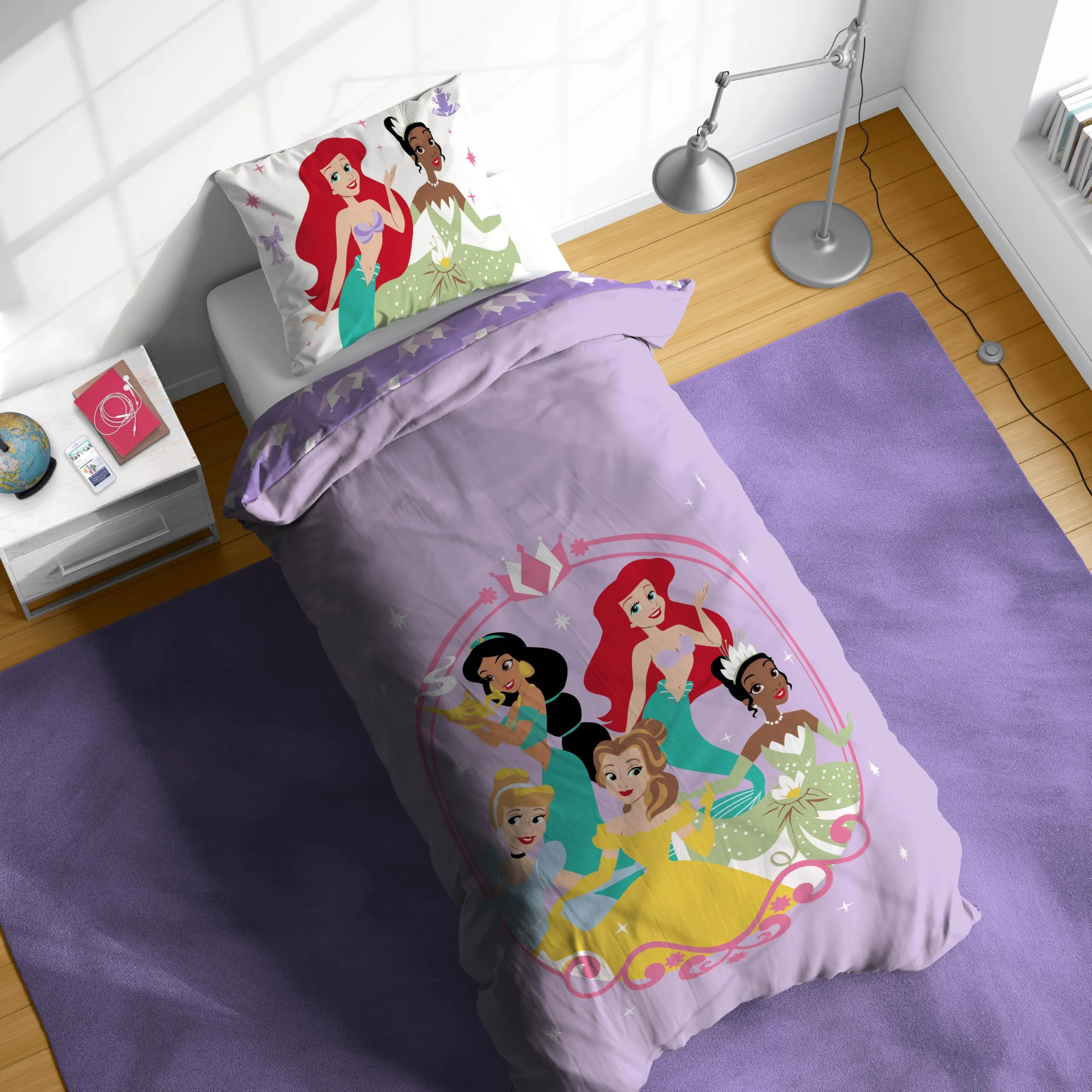 Jay Franco Disney Princess Bedding Set, Ariel, Belle, Cenerentola, Gelsomino, Purple, 2 Pieces (Duvet Cover and Pillowcase) - immagine 6