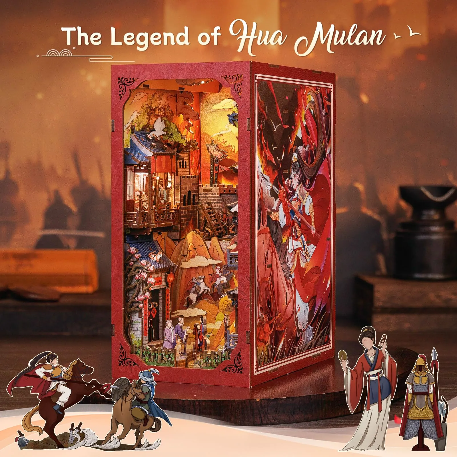 CUTEBEE Book Nook Kit La Leggenda di Mulan, Puzzle 3D in Legno con Luce a LED e Copertura Antipolvere - immagine 2