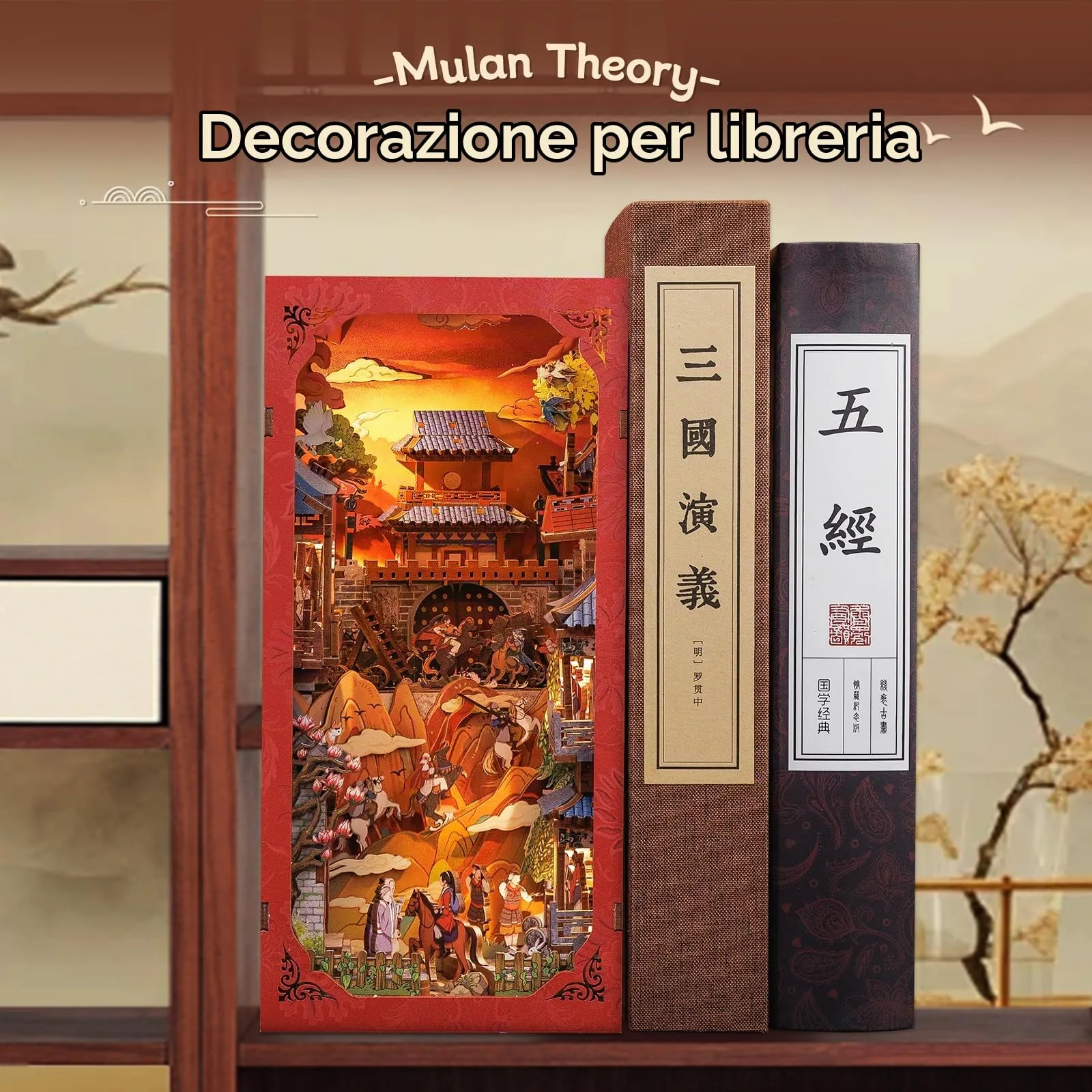 CUTEBEE Book Nook Kit La Leggenda di Mulan, Puzzle 3D in Legno con Luce a LED e Copertura Antipolvere - immagine 3