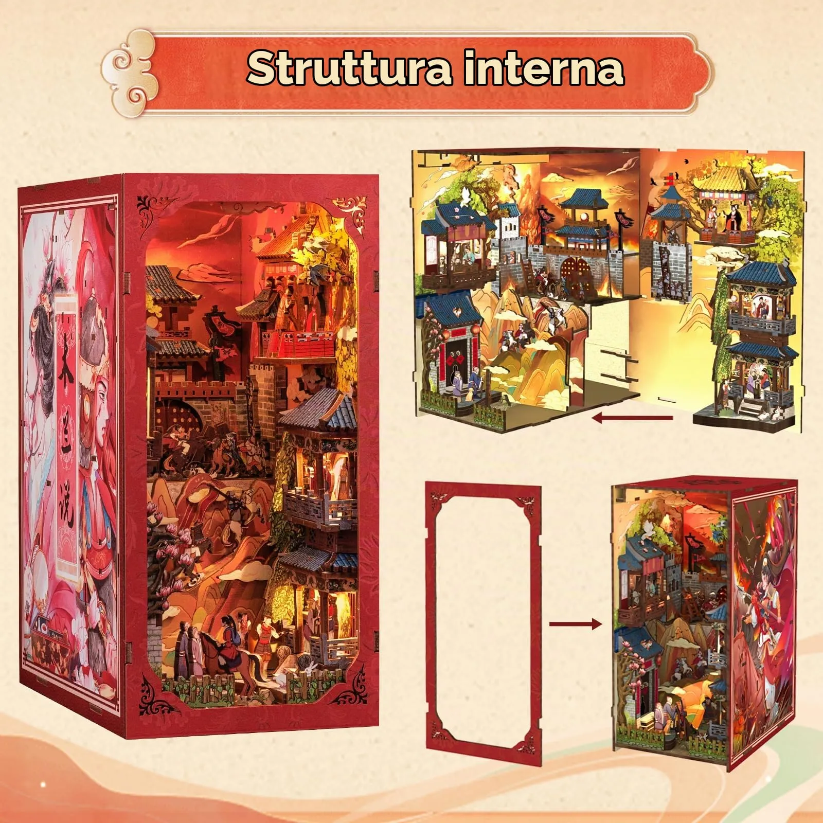 CUTEBEE Book Nook Kit La Leggenda di Mulan, Puzzle 3D in Legno con Luce a LED e Copertura Antipolvere - immagine 4