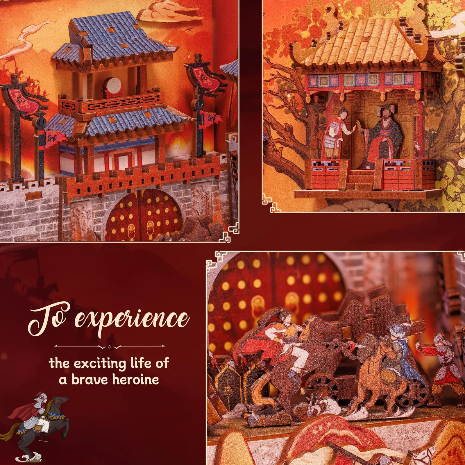 CUTEBEE Book Nook Kit La Leggenda di Mulan, Puzzle 3D in Legno con Luce a LED e Copertura Antipolvere - immagine 5
