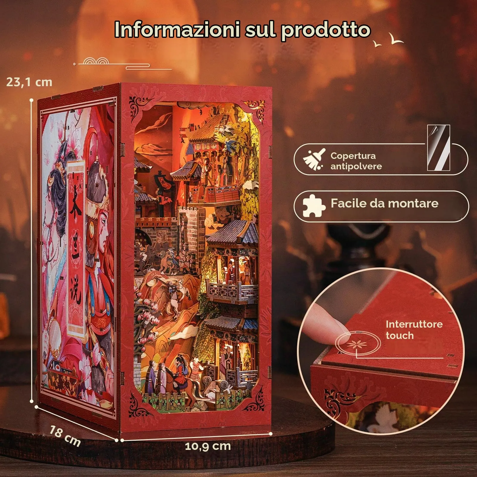 CUTEBEE Book Nook Kit La Leggenda di Mulan, Puzzle 3D in Legno con Luce a LED e Copertura Antipolvere - immagine 7