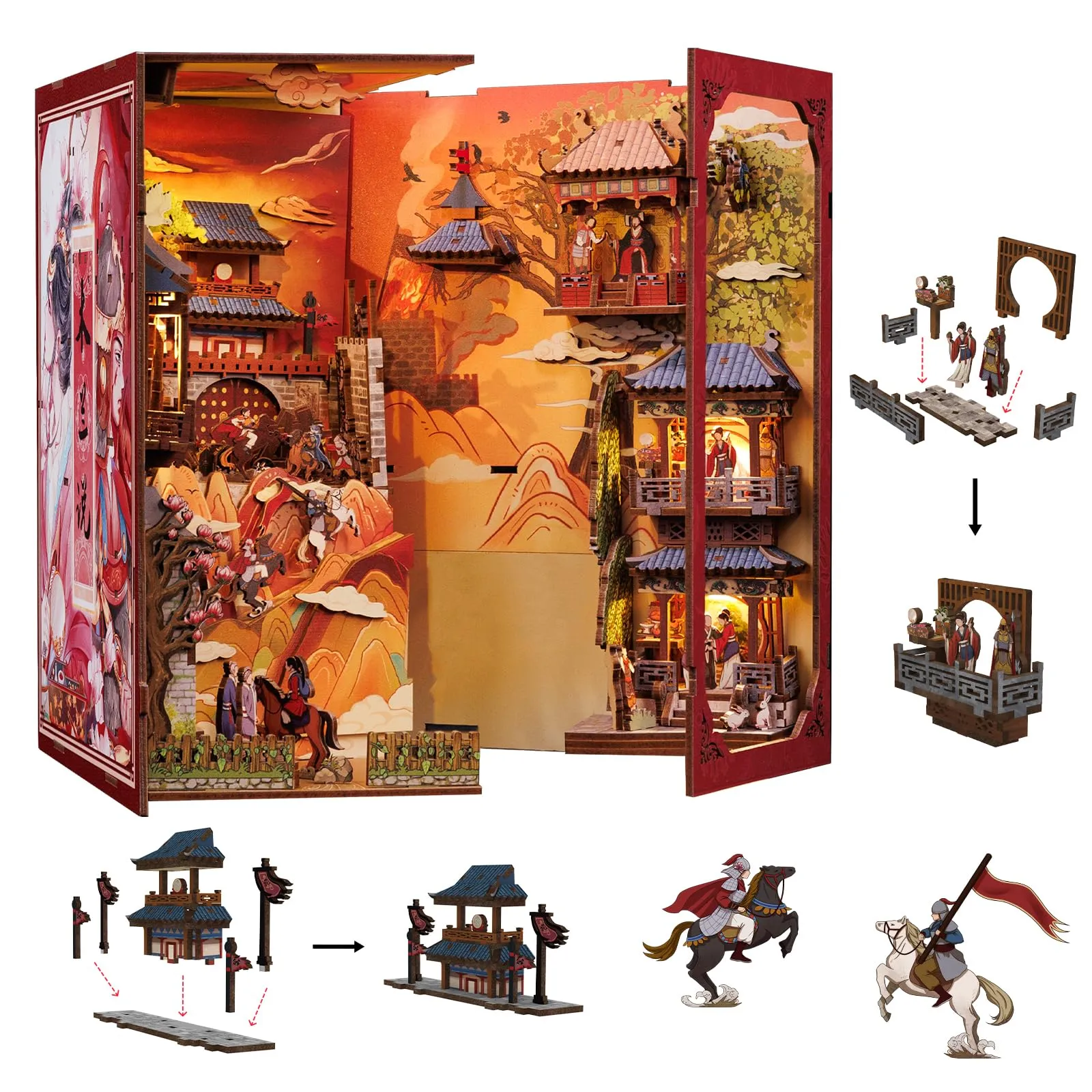 CUTEBEE Book Nook Kit La Leggenda di Mulan, Puzzle 3D in Legno con Luce a LED e Copertura Antipolvere - immagine 8
