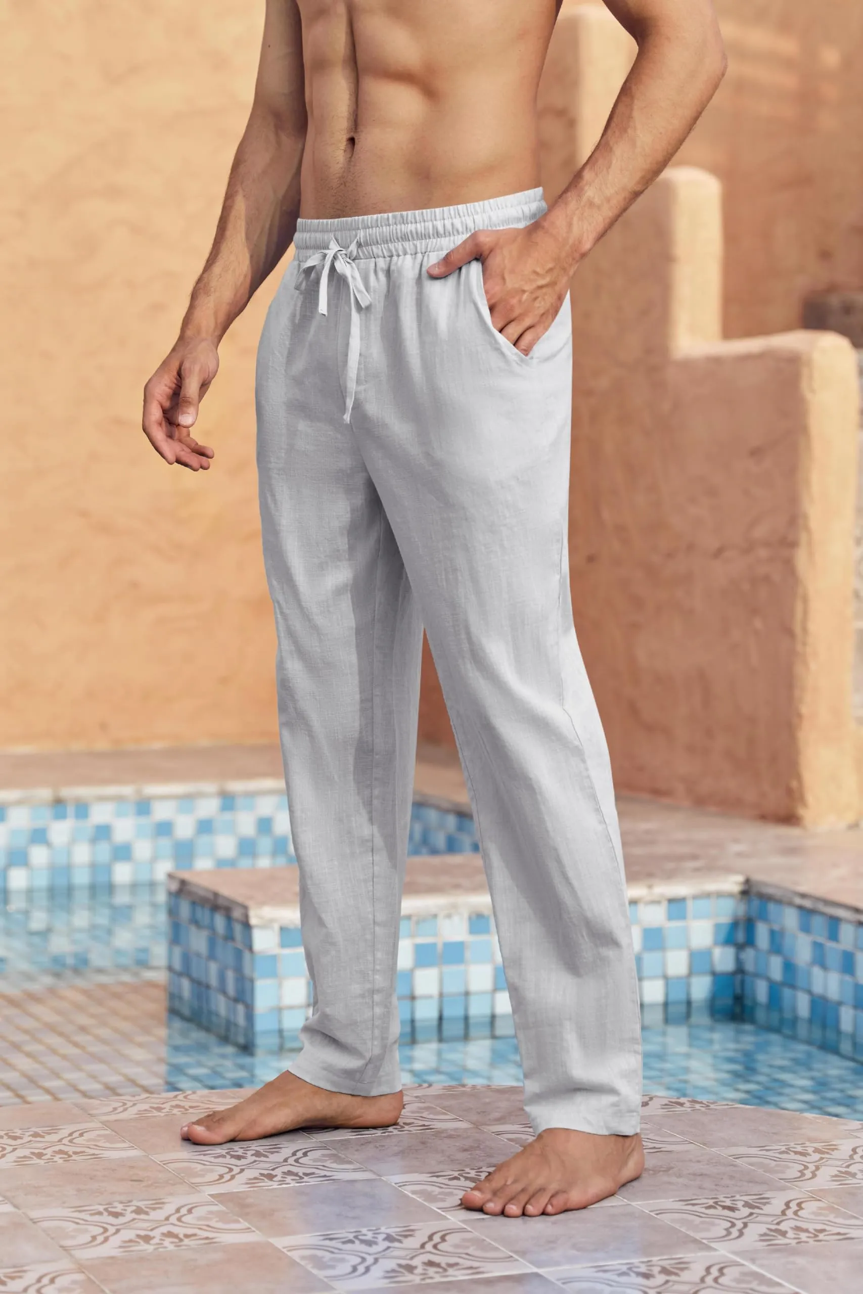 Runcati Pantaloni da Uomo in Lino e Cotone, Taglio Largo con Coulisse, Grigio, XL - immagine 4