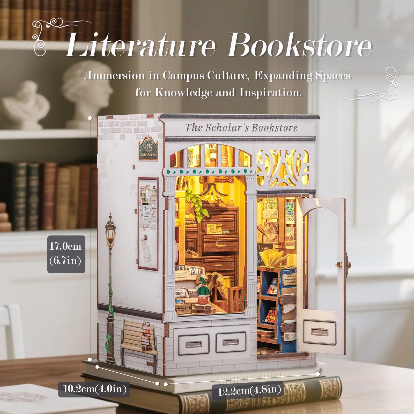 CUTEBEE Kit Book Nook per Adulti, Casa Prefabbricata di Legno con Luci LED, Puzzle 3D e Supporto Libri, The Scholar's Bookstore - immagine 2